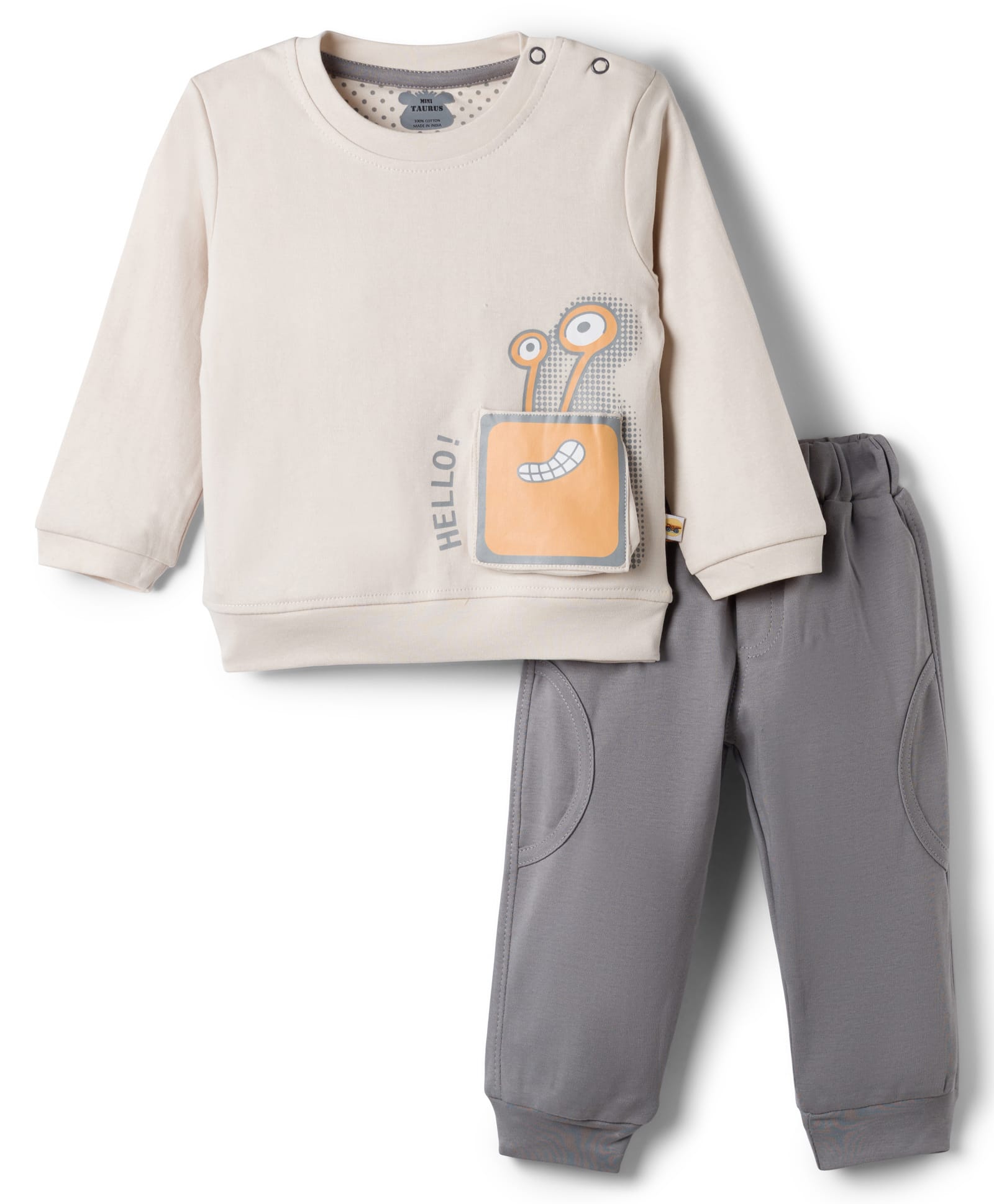 Mini Taurus Knit Full Sleeves T-Shirt & Pajama Night Suit with Speaker Print- Beige-image-30