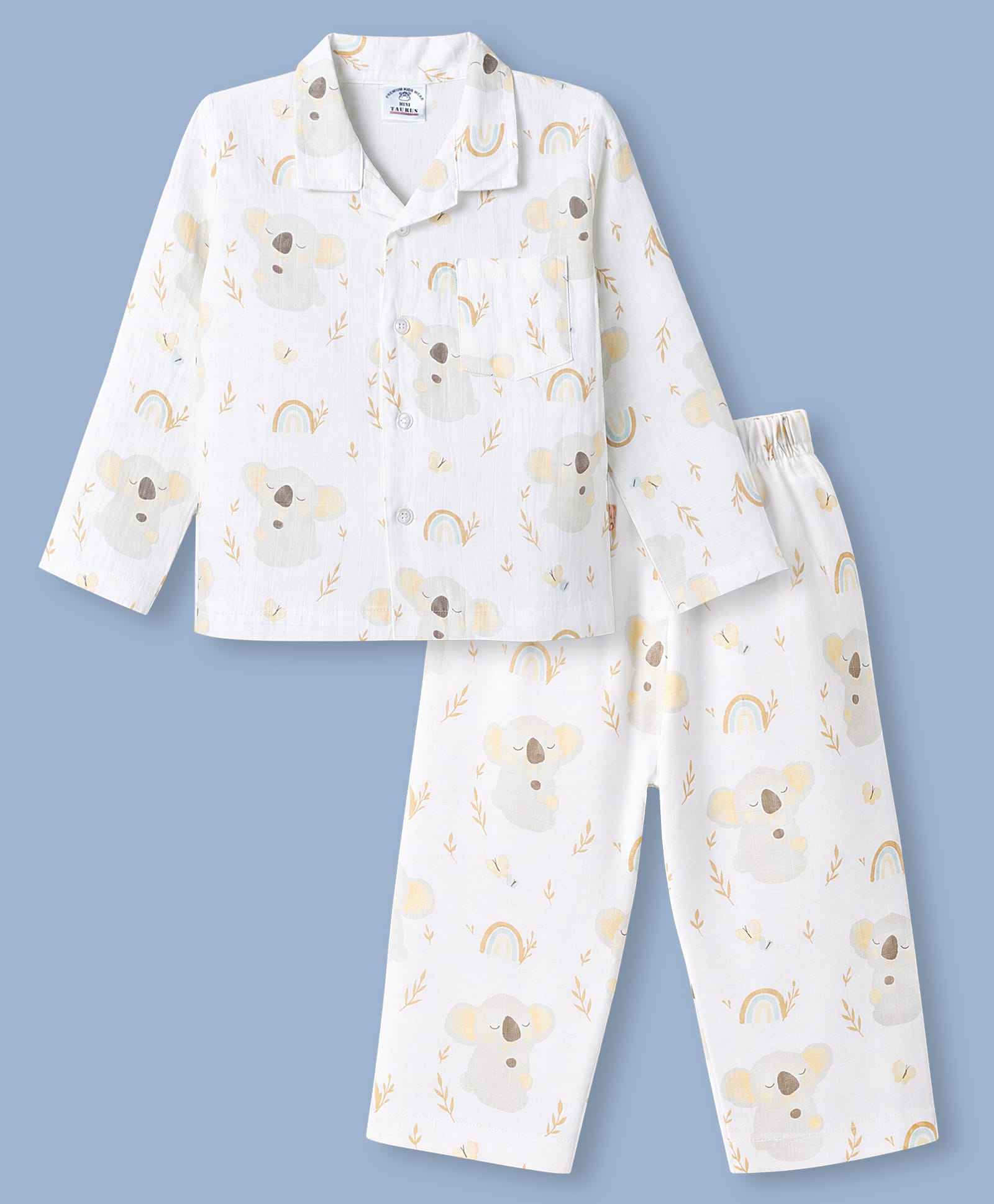 Mini Taurus Cotton Knit Full Sleeves Shirt & Pyjama Co-ords Night Suit With Baby Koala Print - Light Brown-picture-25