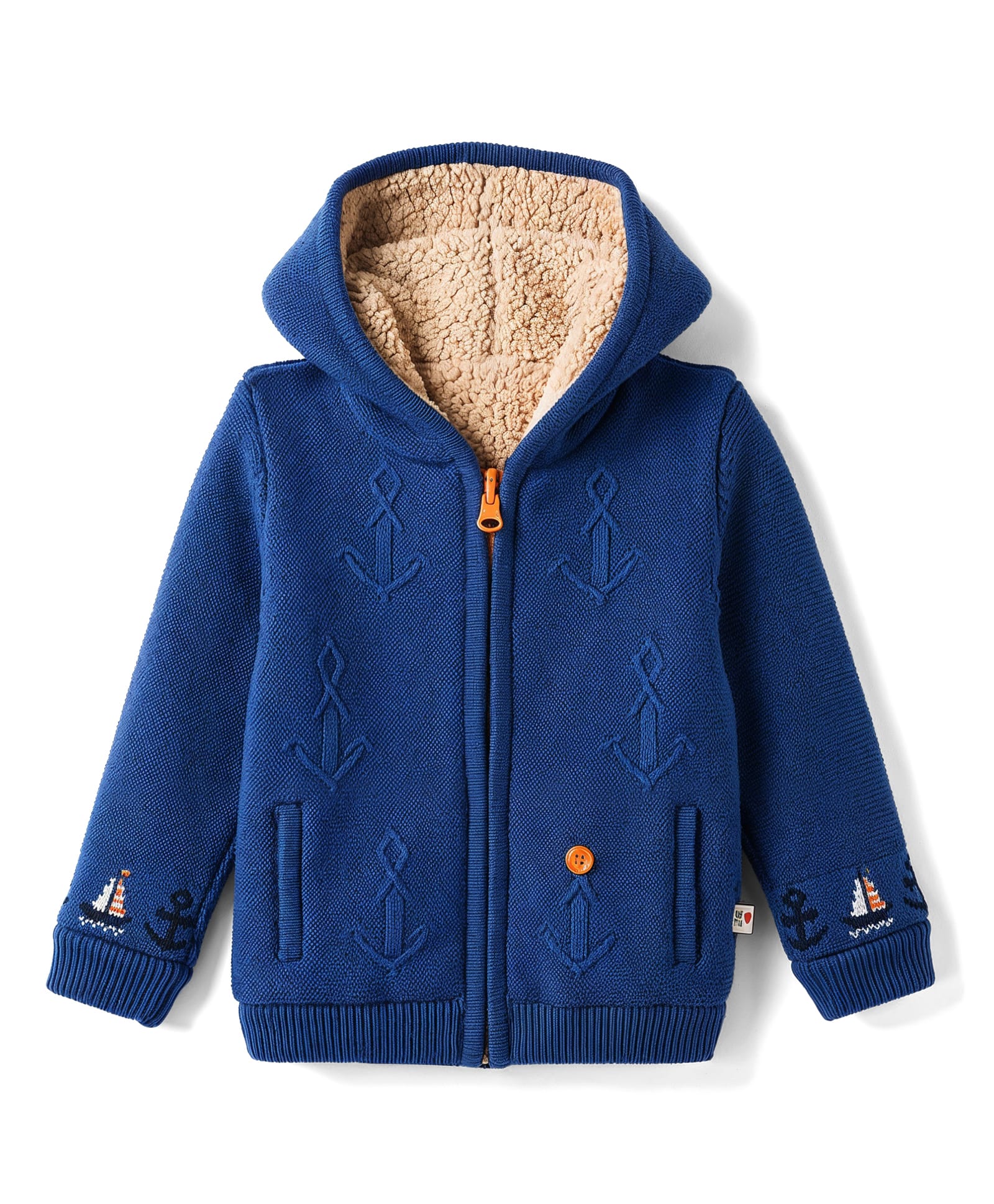 Yellow Apple Knit Full Sleeves Hooded Reversible Sweater with Anchor Design - Cream & Blue-picture-20