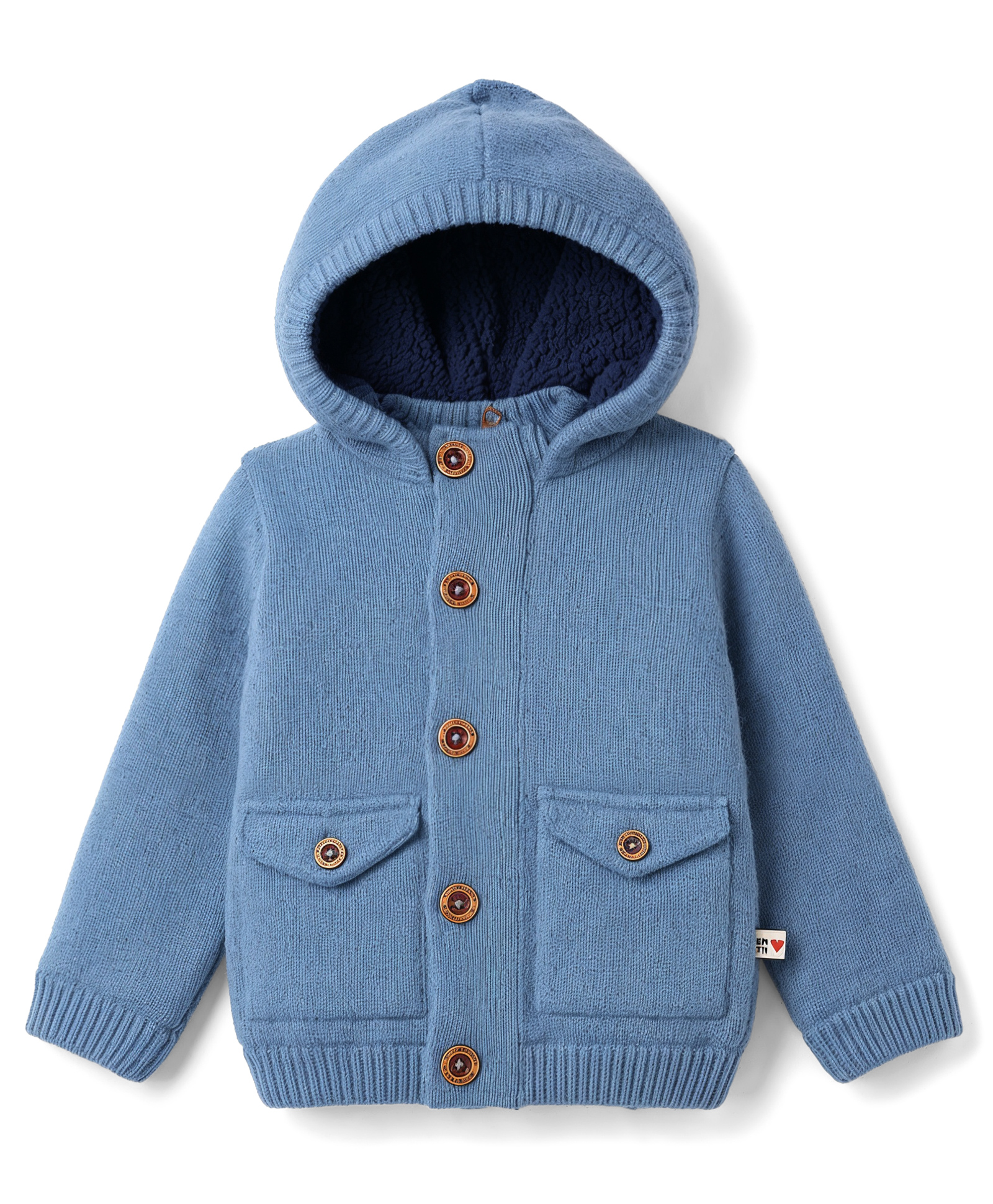 Yellow Apple Knit Full Sleeves Solid Colour Hooded Sweat Jacket - Blue-image-16