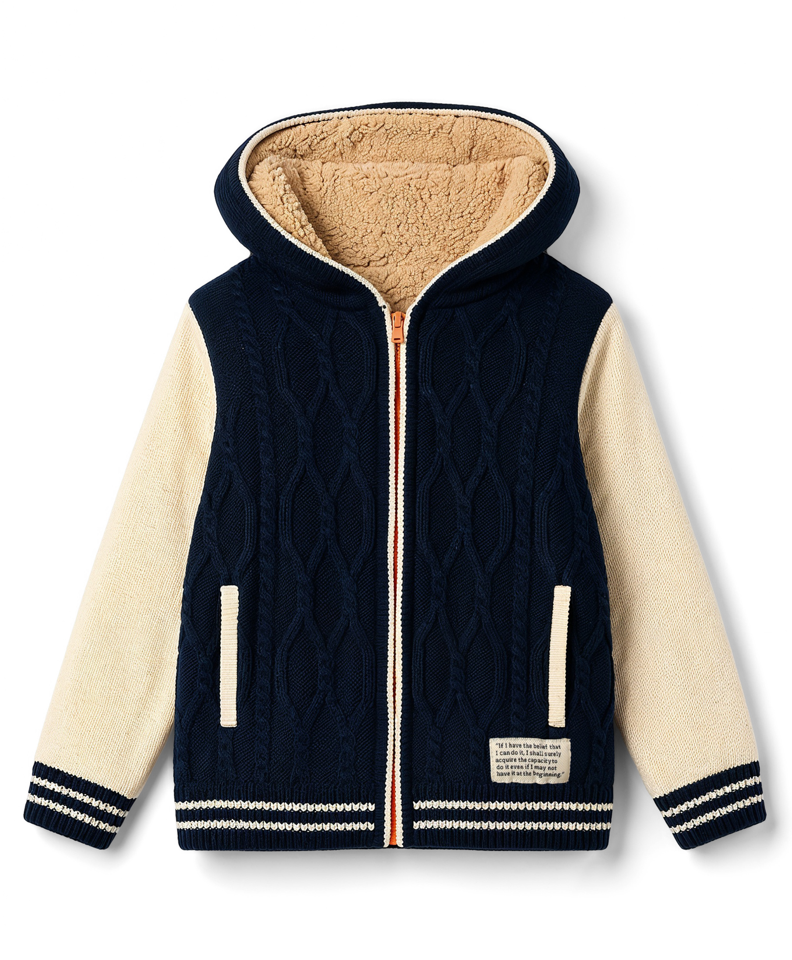 Yellow Apple Knit Full Sleeves Solid Colour Hooded Bomber Jacket with Cable Knit Design- Navy-picture-25