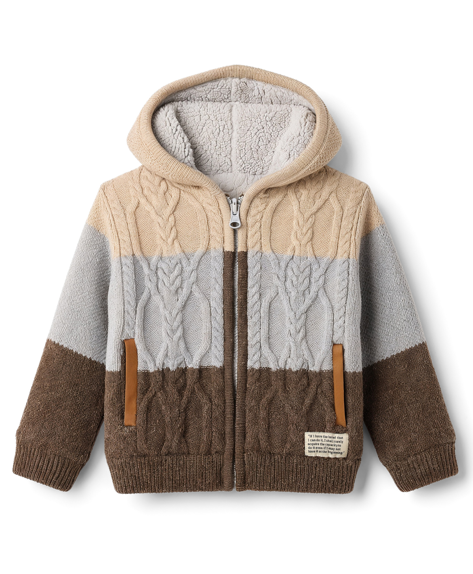 Yellow Apple Knit Full Sleeves Colour Block Hooded Jacket with Cable Knit Design- Brown-image-31