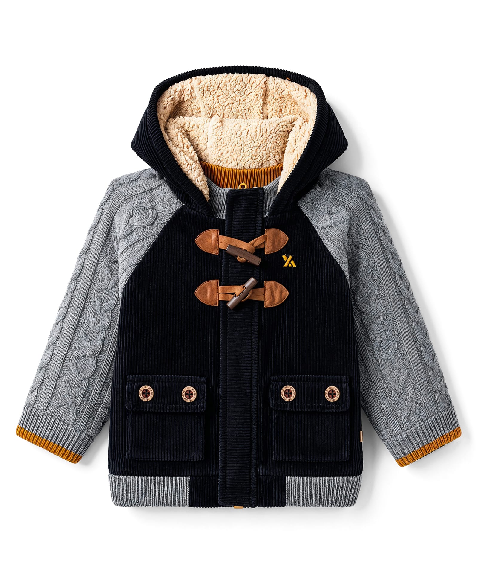 Yellow Apple Knit Full Raglan Sleeves Hoodies with Colour Block & Cable Knit Design - Black-picture-16