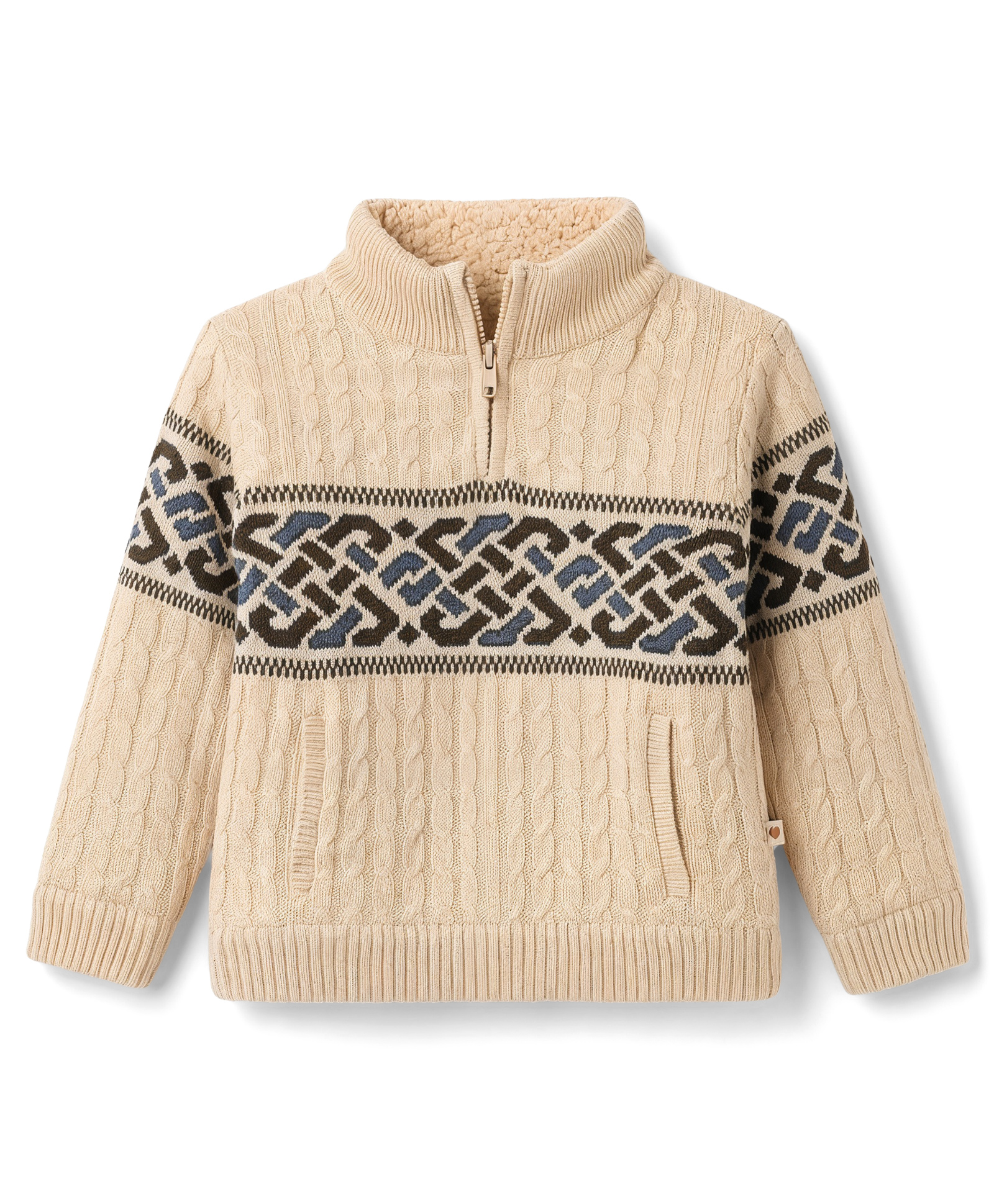 Yellow Apple Knit Full Sleeves Pullovers with Cable Knit Design - Cream-picture-16
