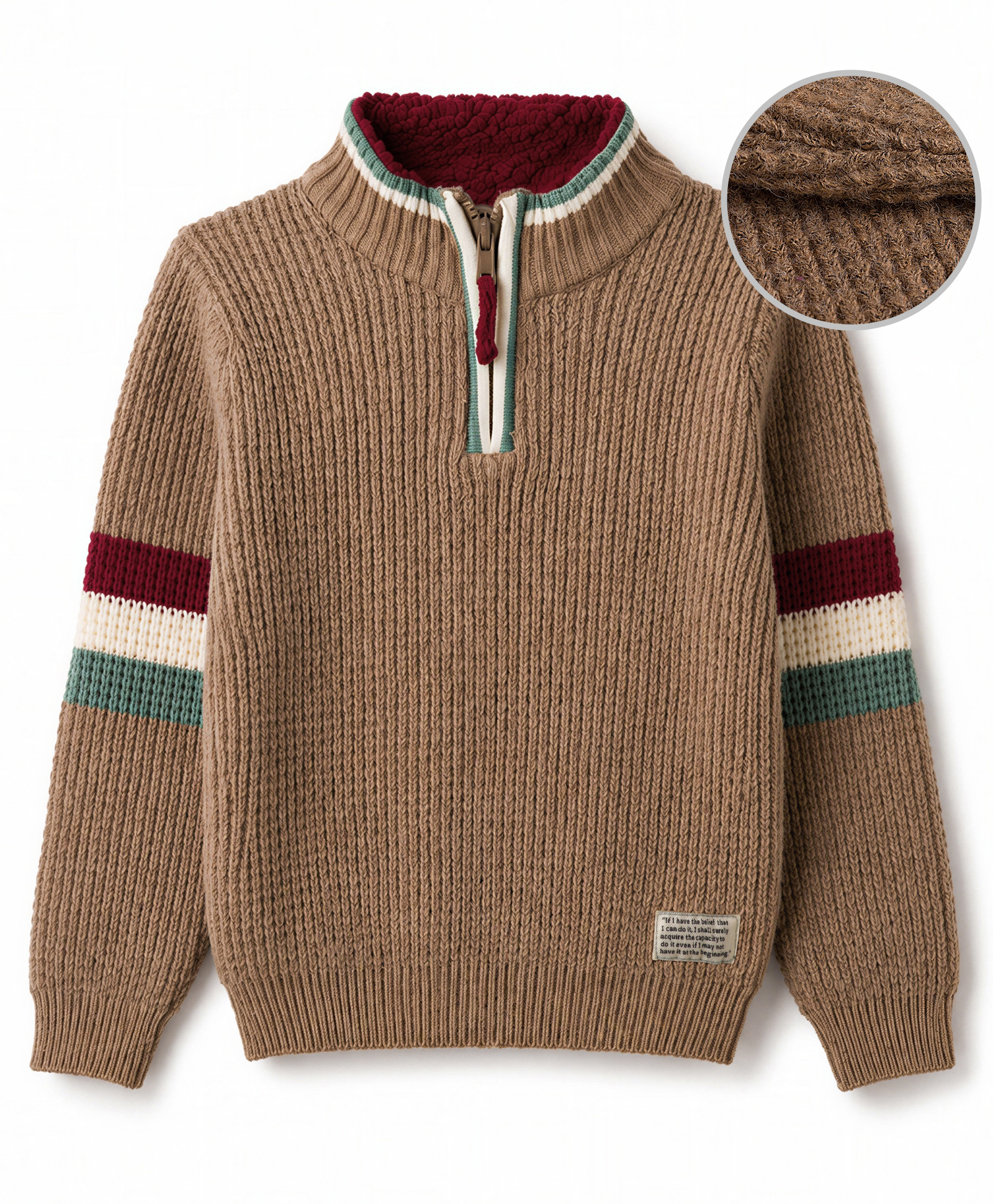 Yellow Apple Knit Full Sleeves Solid Colour Pullover with Stripes On Sleeves - Tan-picture-27