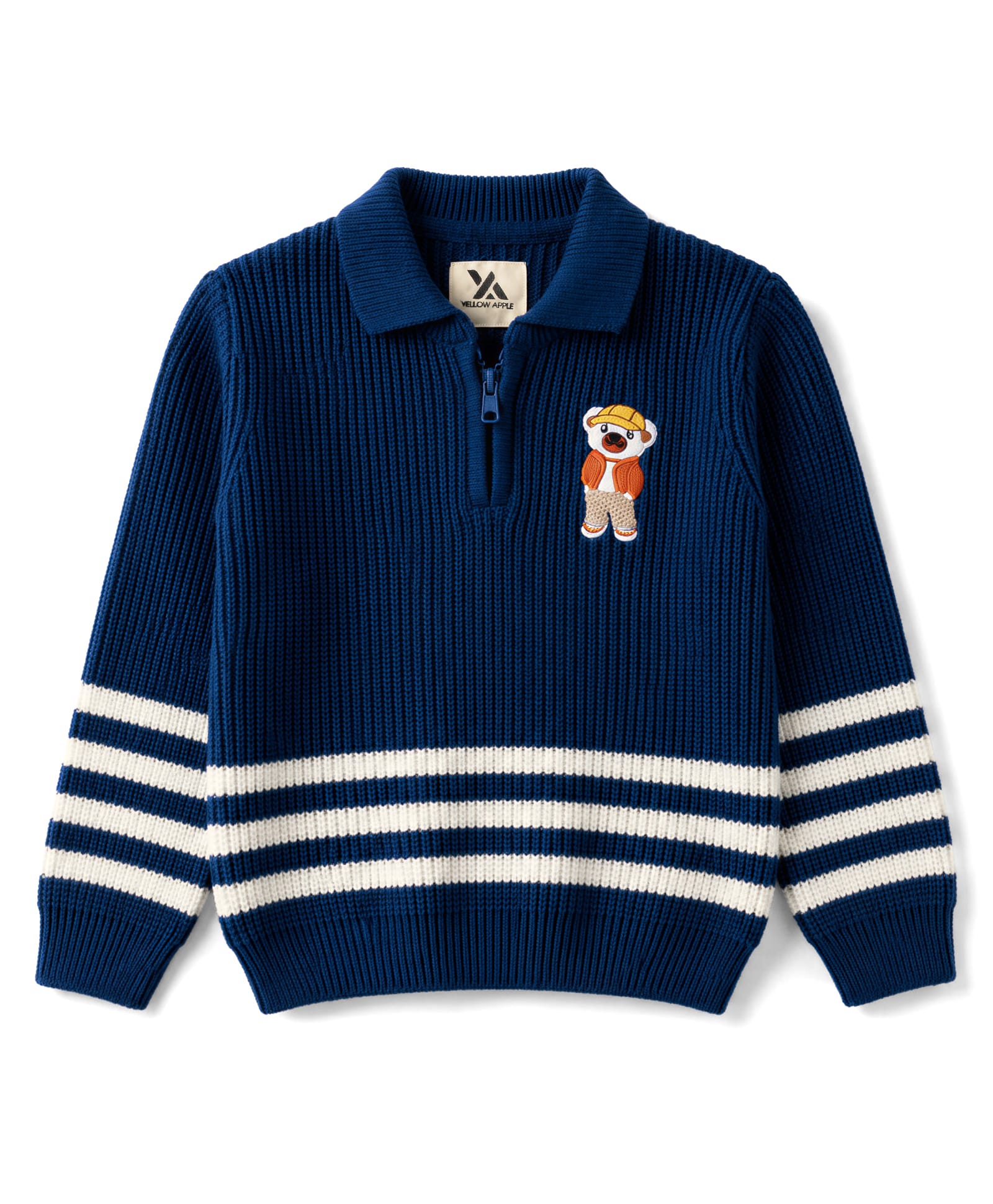 Yellow Apple Knit Full Sleeves Striped Collar Neck Sweater with Bear Design - Navy-picture-21