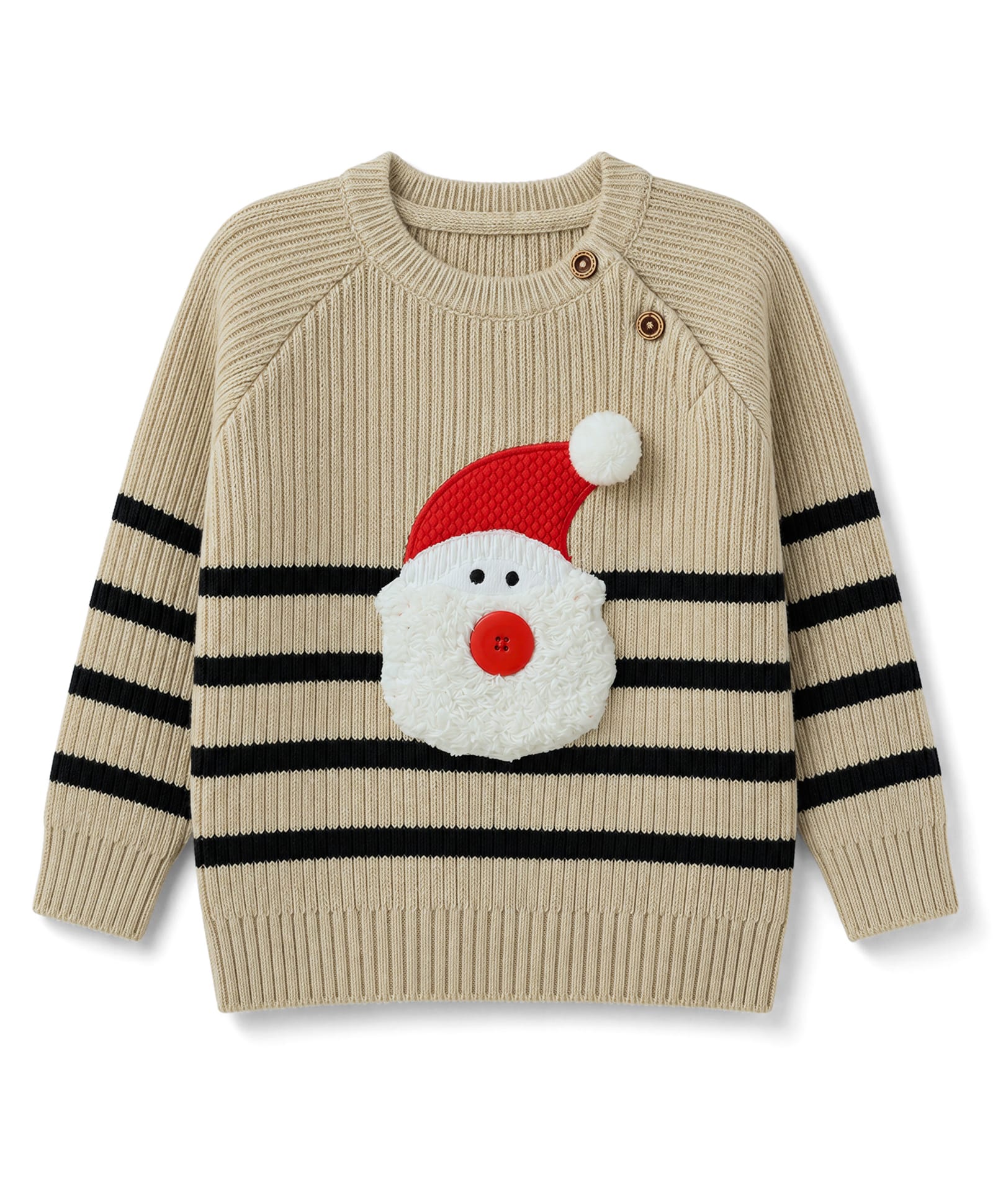 Yellow Apple Knit Full Raglan Sleeves Striped Pullover Sweater With Santa Patch - Beige-picture-14