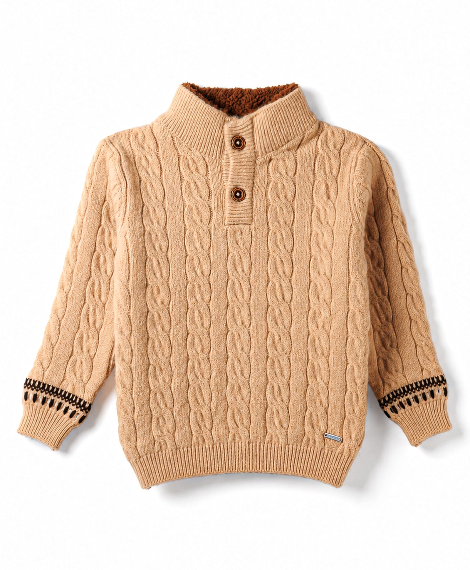 Yellow Apple Knit Full Sleeves Solid Colour Pullover with Cable Knit Design - Beige-picture-12