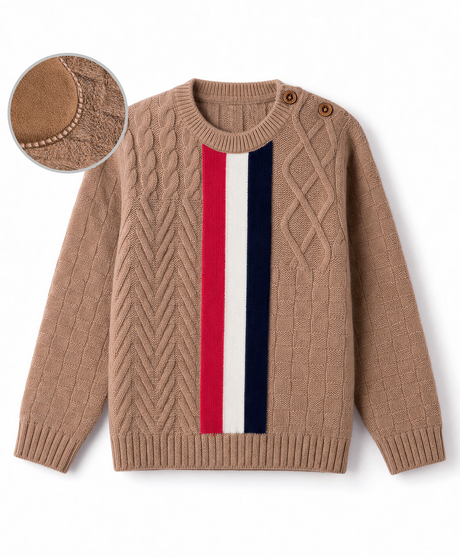 Yellow Apple Knit Full Sleeves Pullover with Stripes & Cable Knit Design - Tan-picture-14