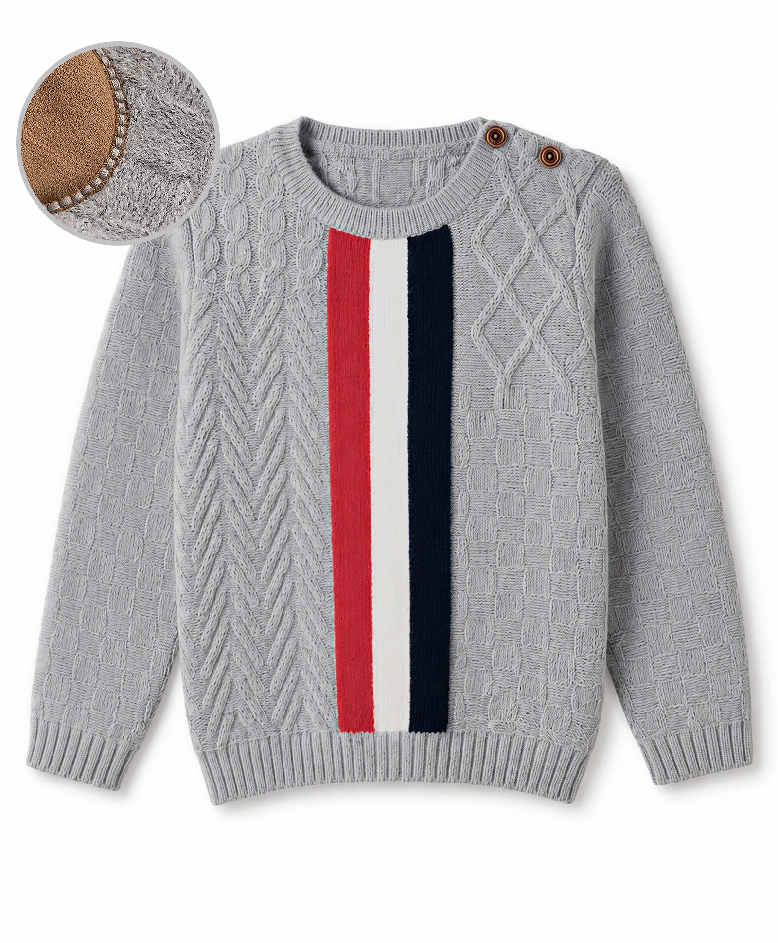 Yellow Apple Knit Full Sleeves Pullover with Stripes & Cable Knit Design - Grey-picture-20
