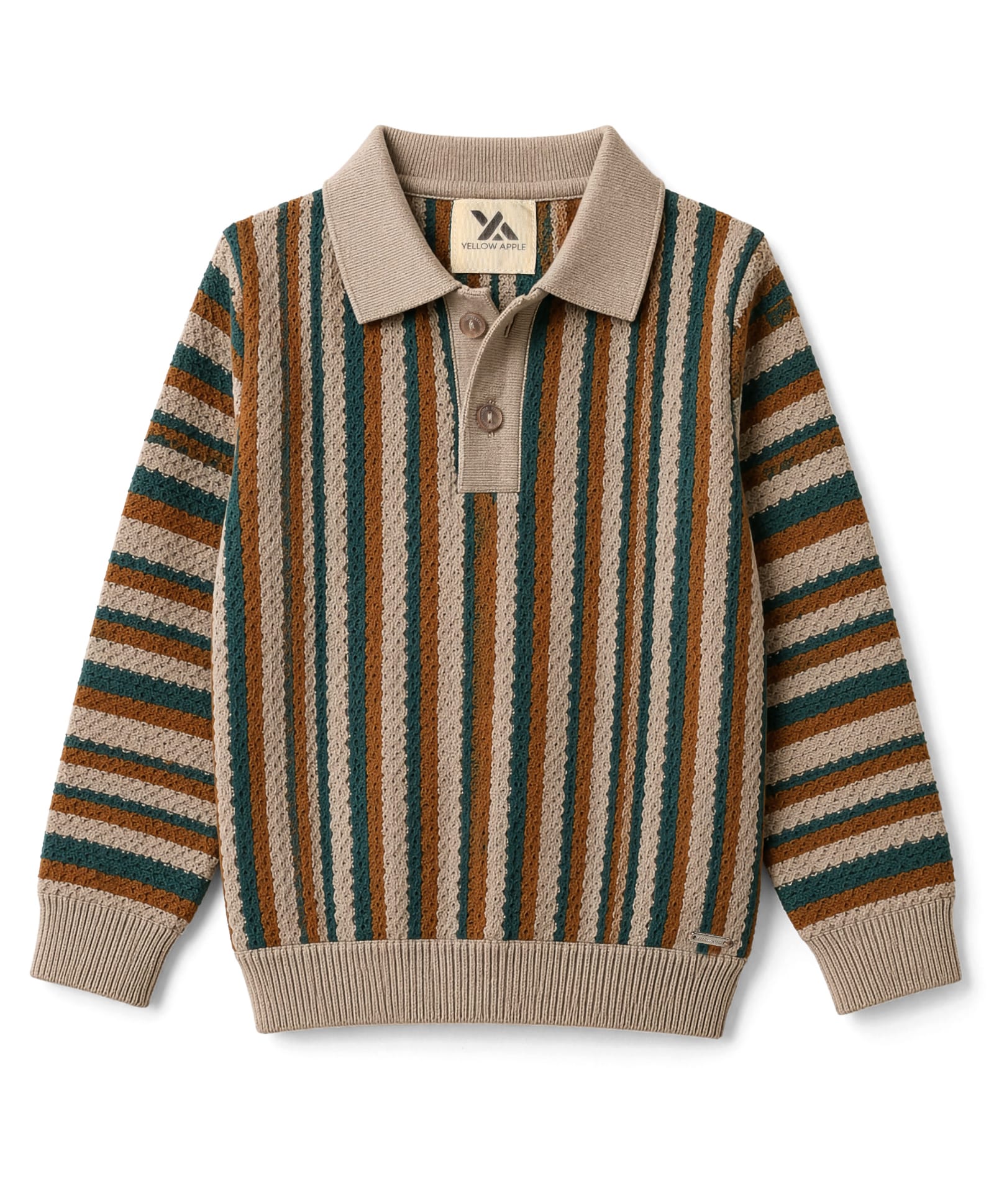 Yellow Apple Cotton Knit Winter T-Shirt with Full Sleeves and Striped Pattern in Beige-picture-35