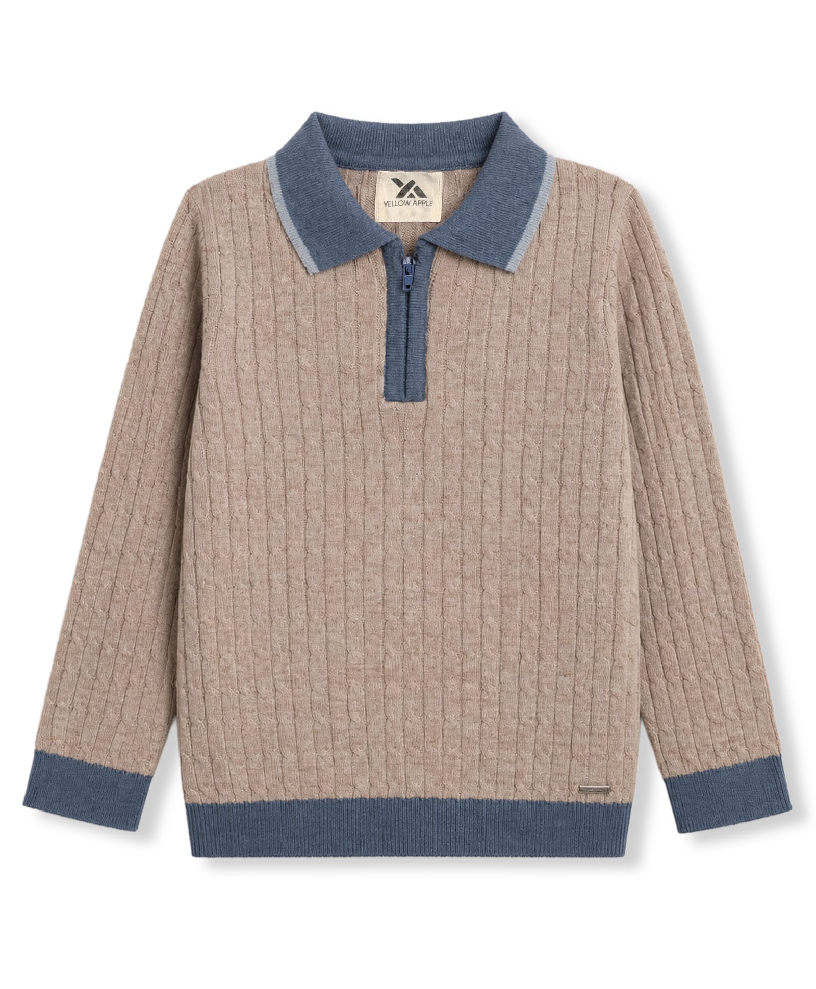 Yellow Apple Knit Winter T-Shirt Full Sleeves With Cable Knit Texture - Beige-picture-21