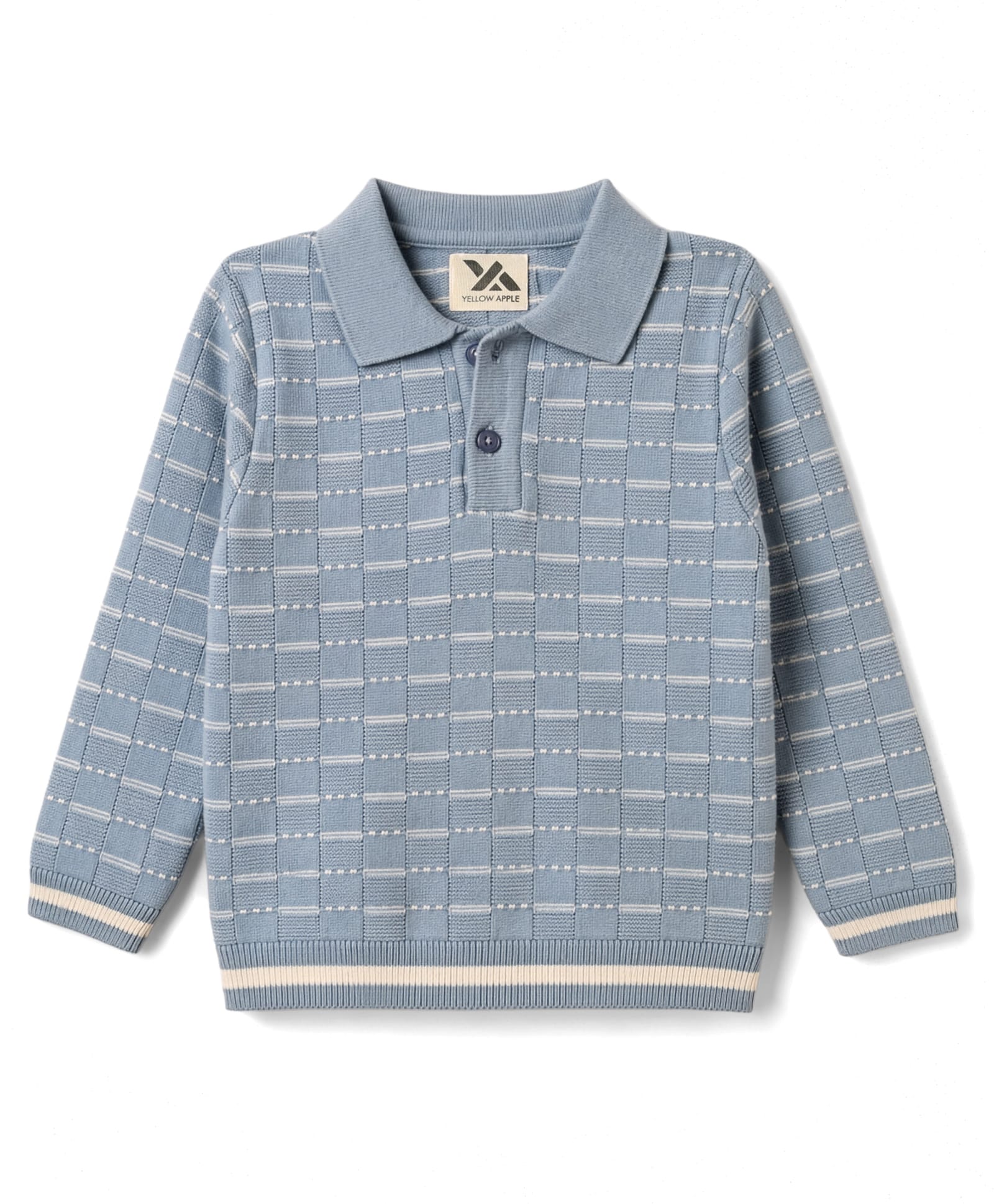 Yellow Apple Cotton Knit Winter Polo T-Shirt Full Sleeves With Checked Pattern - Light/Sky Blue-image-28