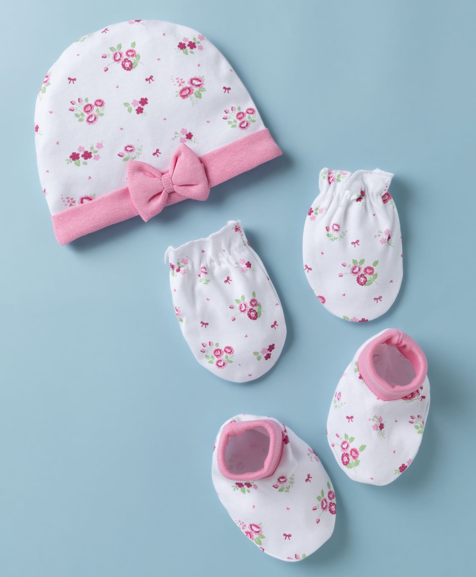 Babyhug 100% Cotton Interlock Knit Cap , Mittens & Booties With Floral Print & Bow White - Diameter 14 cm-picture-16