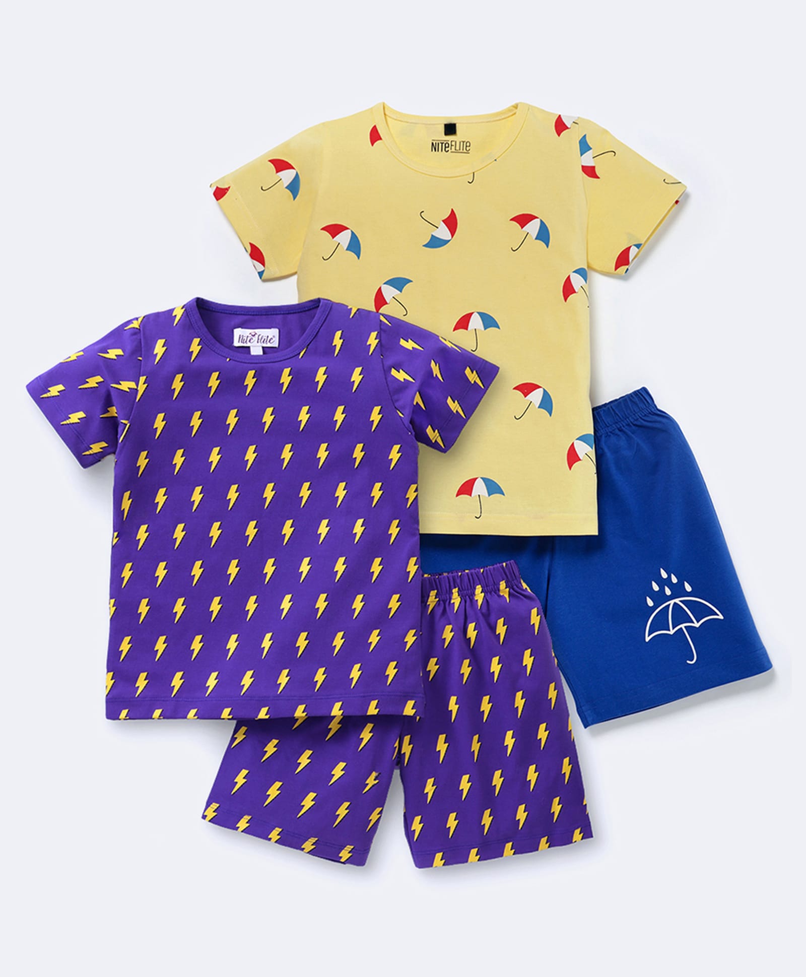 Nite Flite Cotton Knit Pack Of 2 Half Sleeves Lightening & Umbrella Printed Coordinating Tee & Shorts Night Suit - Purple & Yellow-picture-33