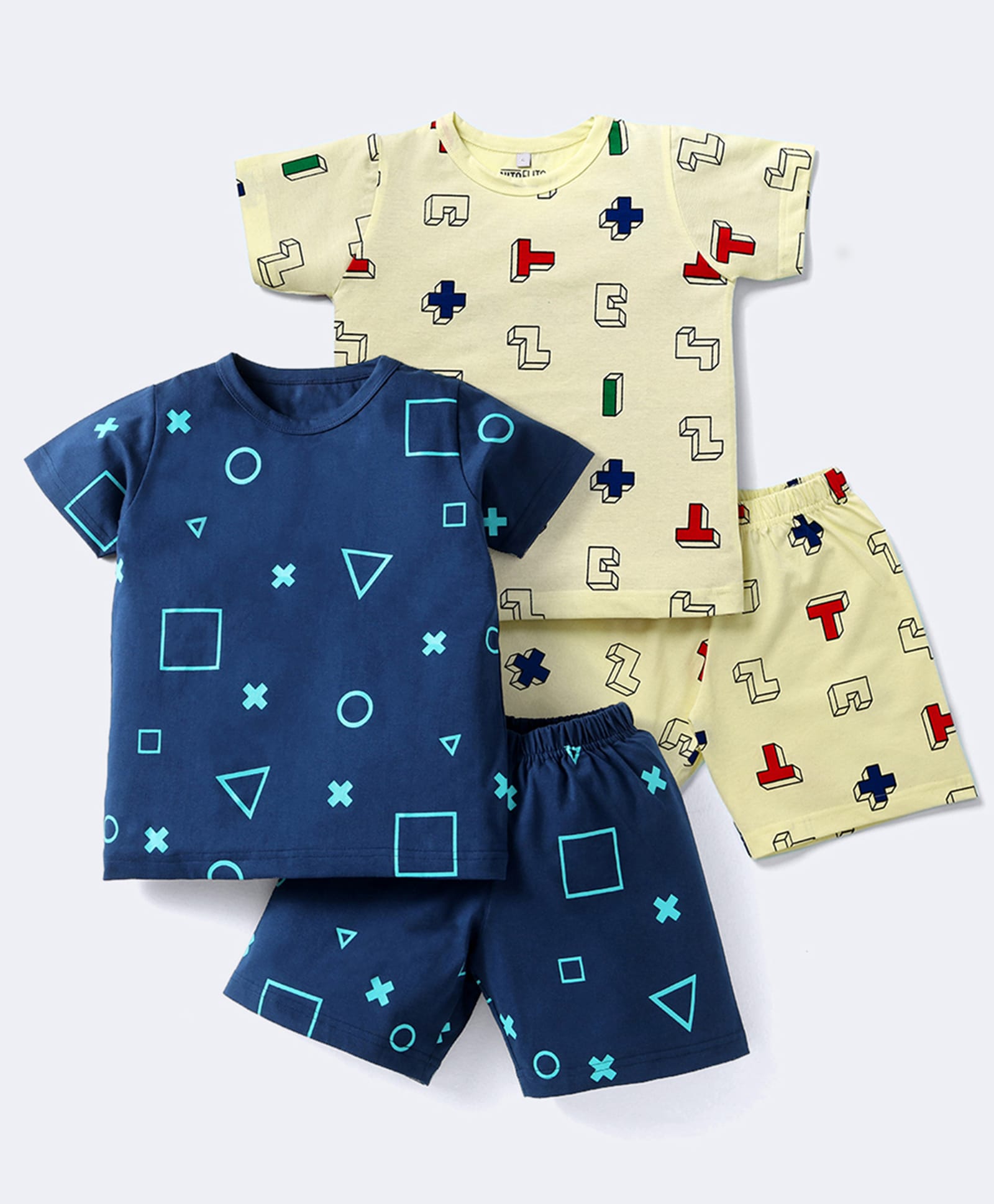 Nite Flite Cotton Knit Pack Of 2 Half Sleeves Geometric & Blocks Printed Coordinating Tee & Shorts Night Suit - Blue & Yellow-picture-31