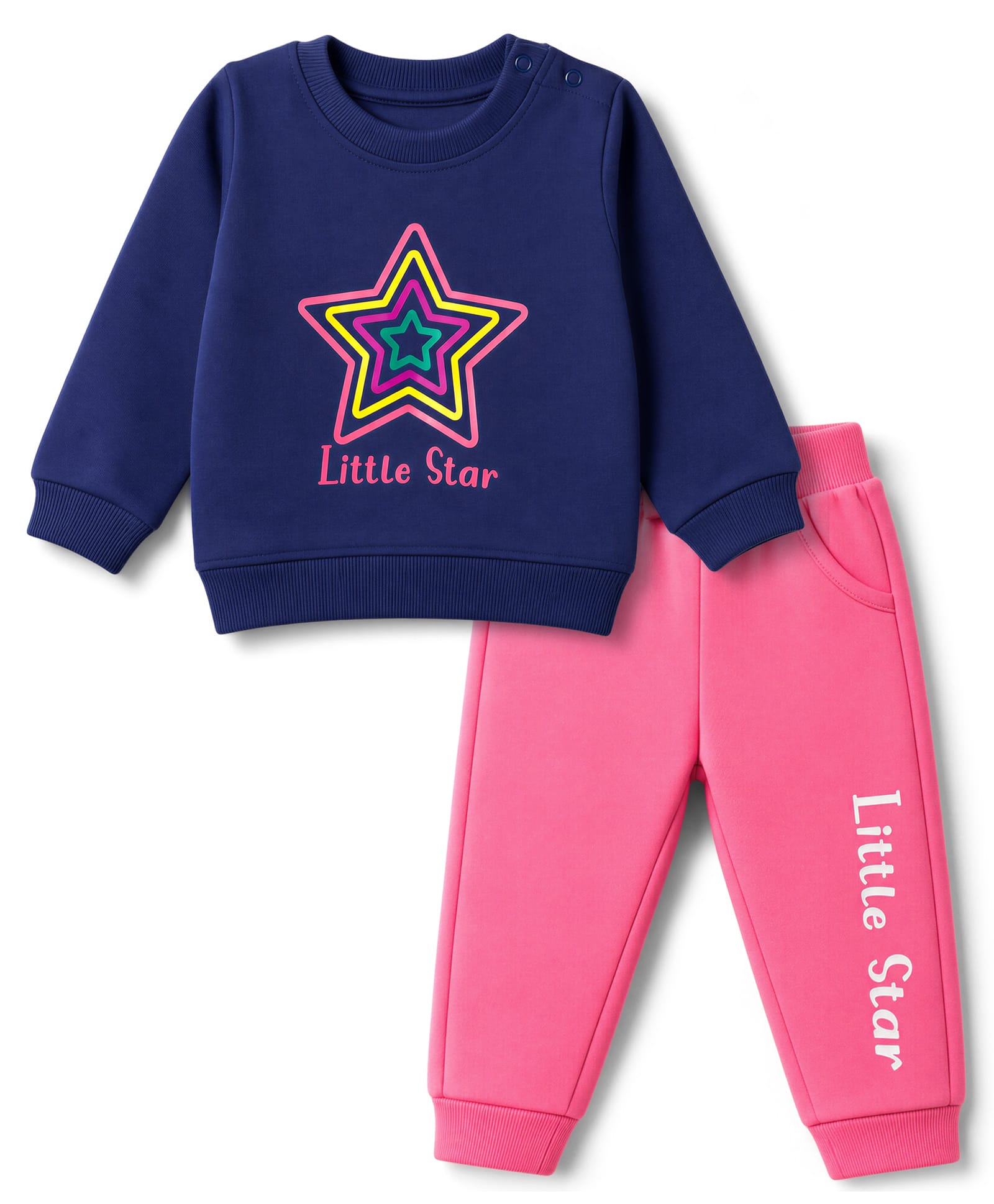 Doodle Poodle 100% Cotton Looper Terry Knit Light Weight Full Sleeves Winter Wear Top & Lounge Pant Set With Star Print - Navy & Pink-picture-27