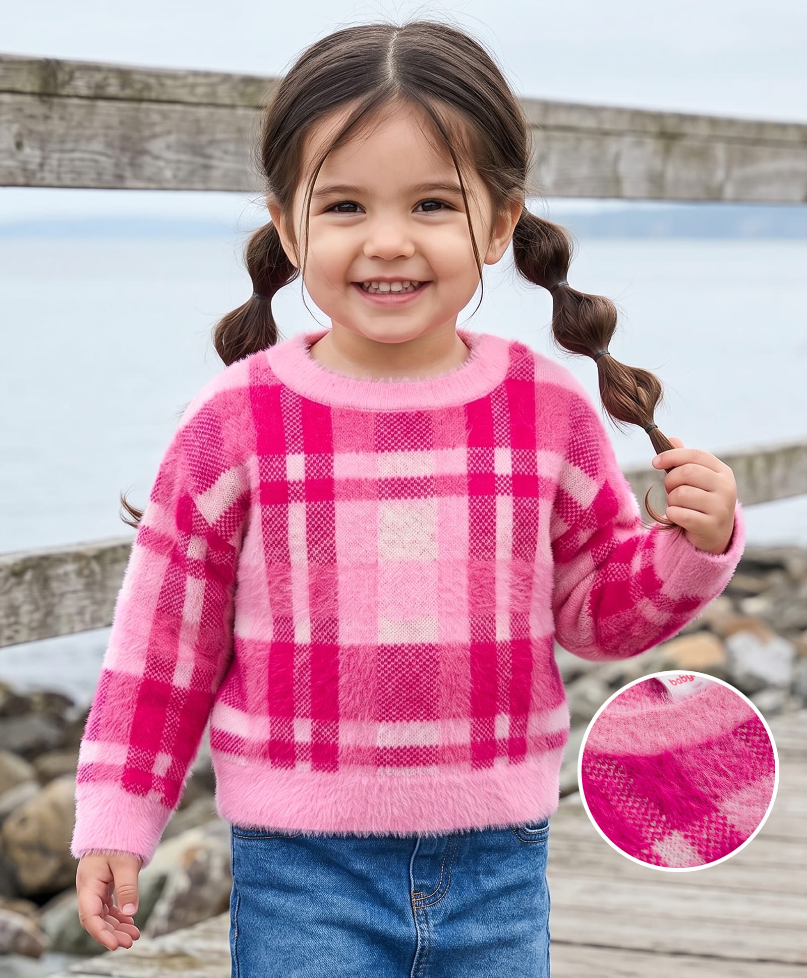 Babyhug Knit Full Sleeves Checked Pullover Sweater - Pink-image-2