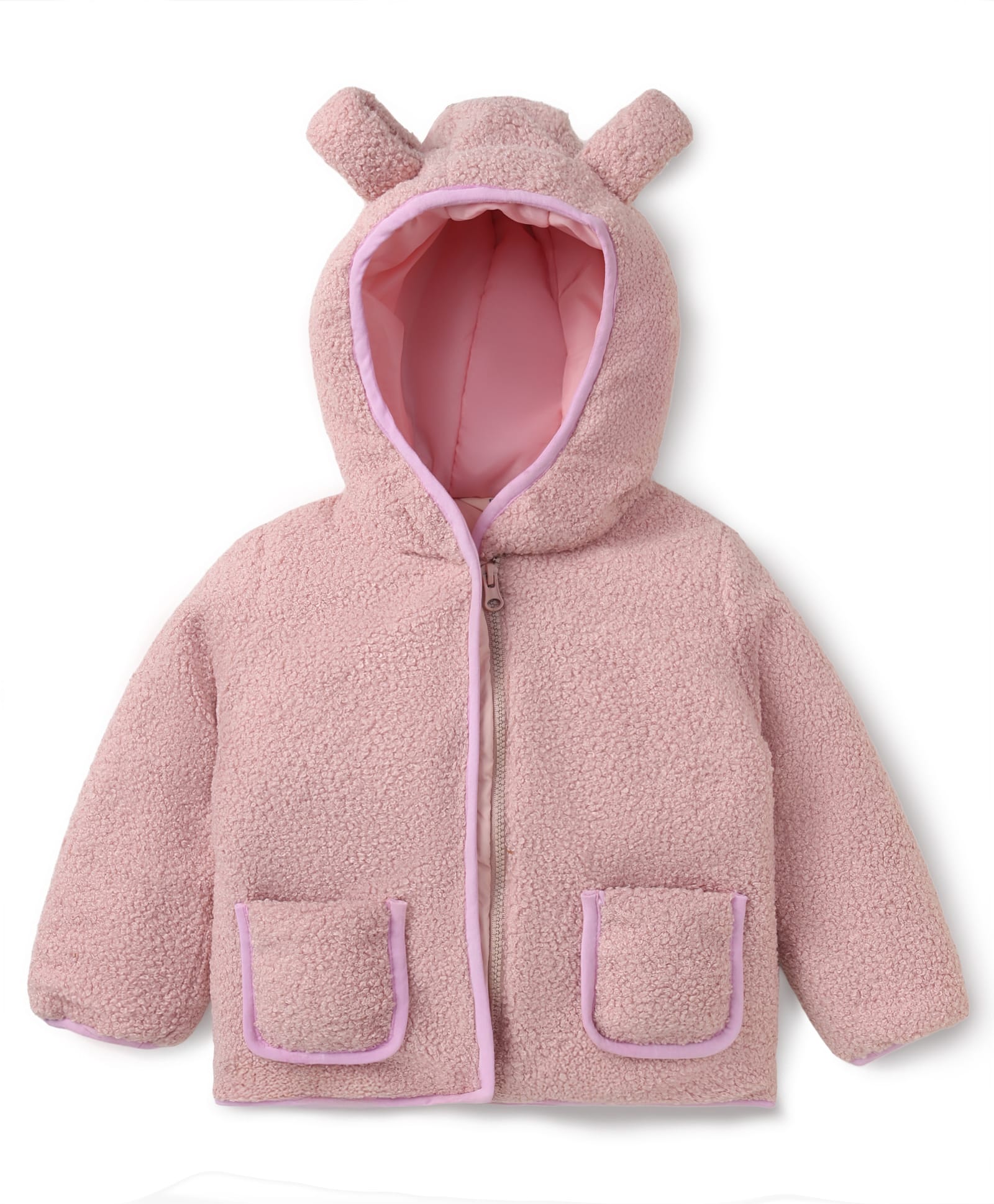 Bonfino Sherpa Fleece Quilted Hooded Jacket with Full Sleeves & Applique - Peach-image-13