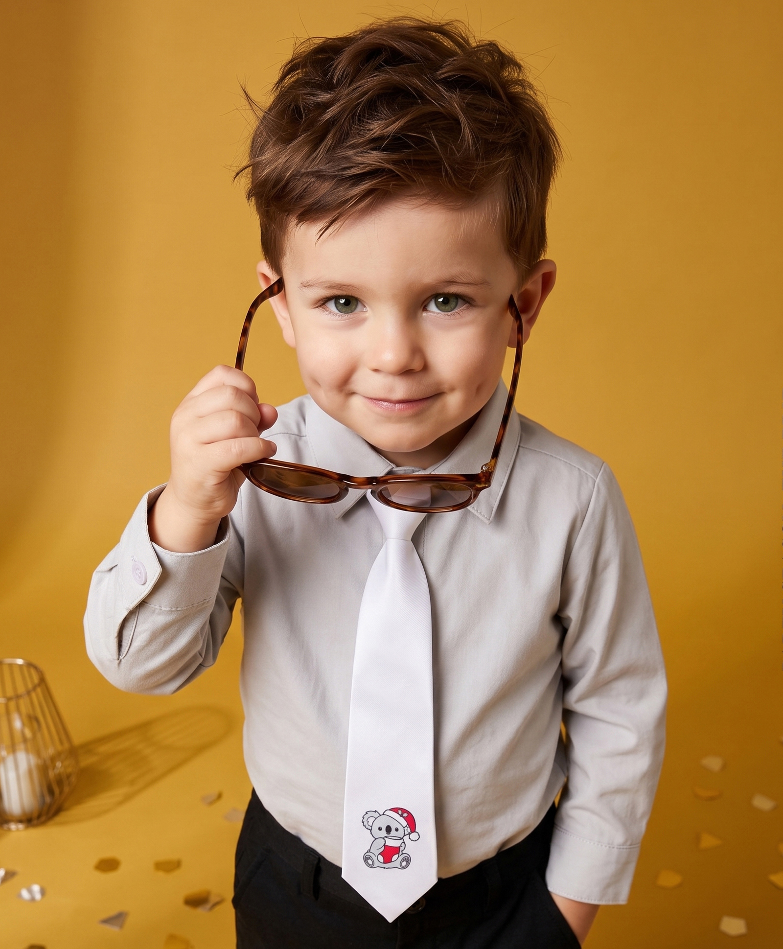 Babyoye Interlock Knit Full Sleeves Solid Satin Party Shirt With Koala Printed Tie - Grey-picture-25