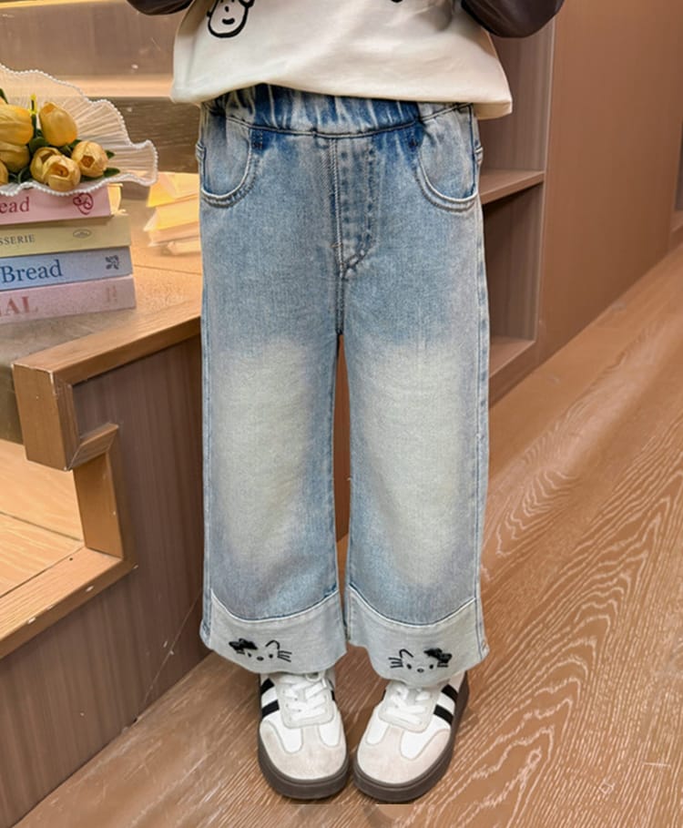 tior Denim Woven Cat Embroidred Washed Jeans - Blue-picture-21