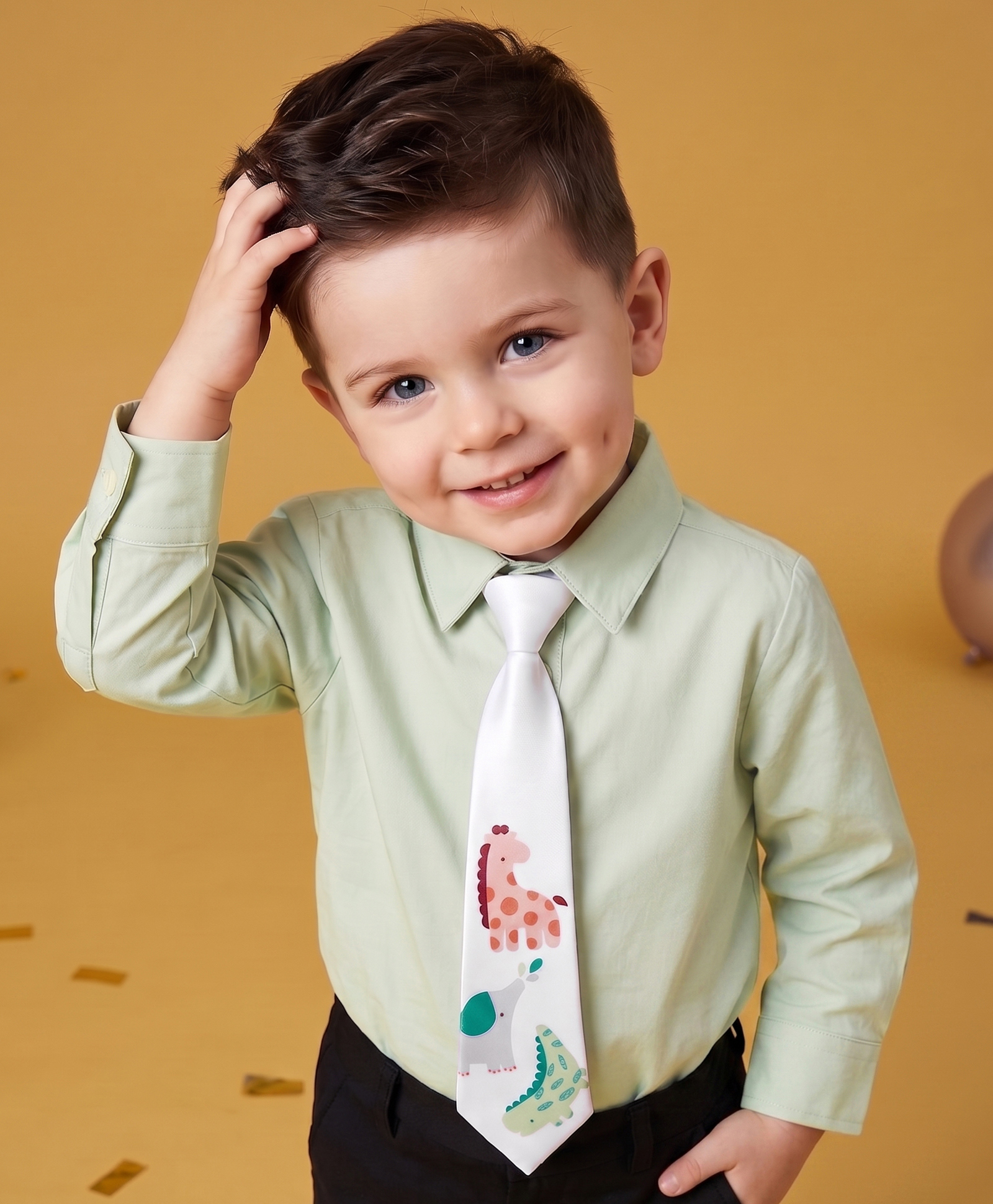 Babyoye Interlock Knit Full Sleeves Solid Party Shirt With Animal Printed Tie - Light Green-picture-18