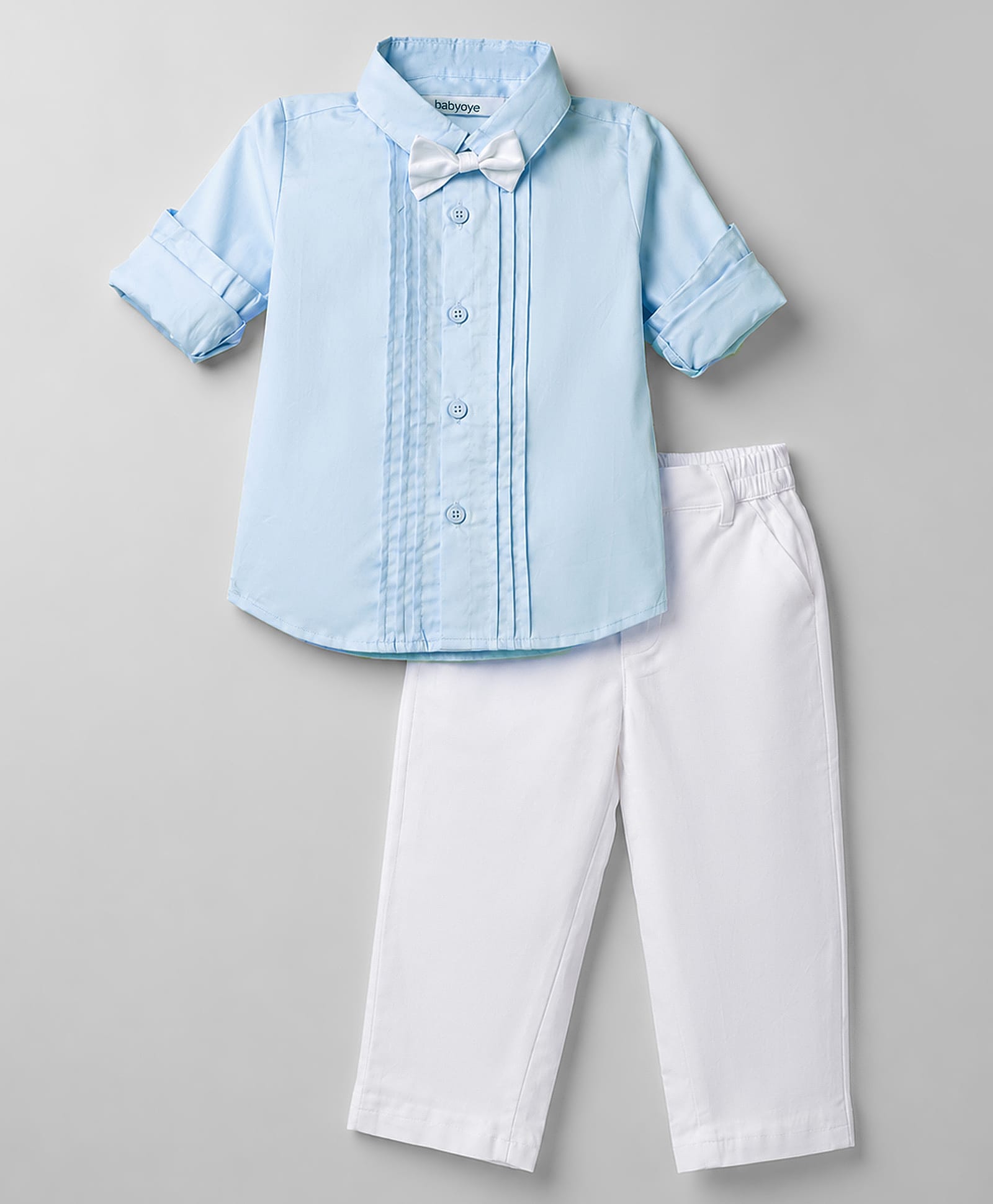 Babyoye Interlock Knit Full Sleeves Solid Shirt & Pant Set With Bow - Light Blue & White-picture-18