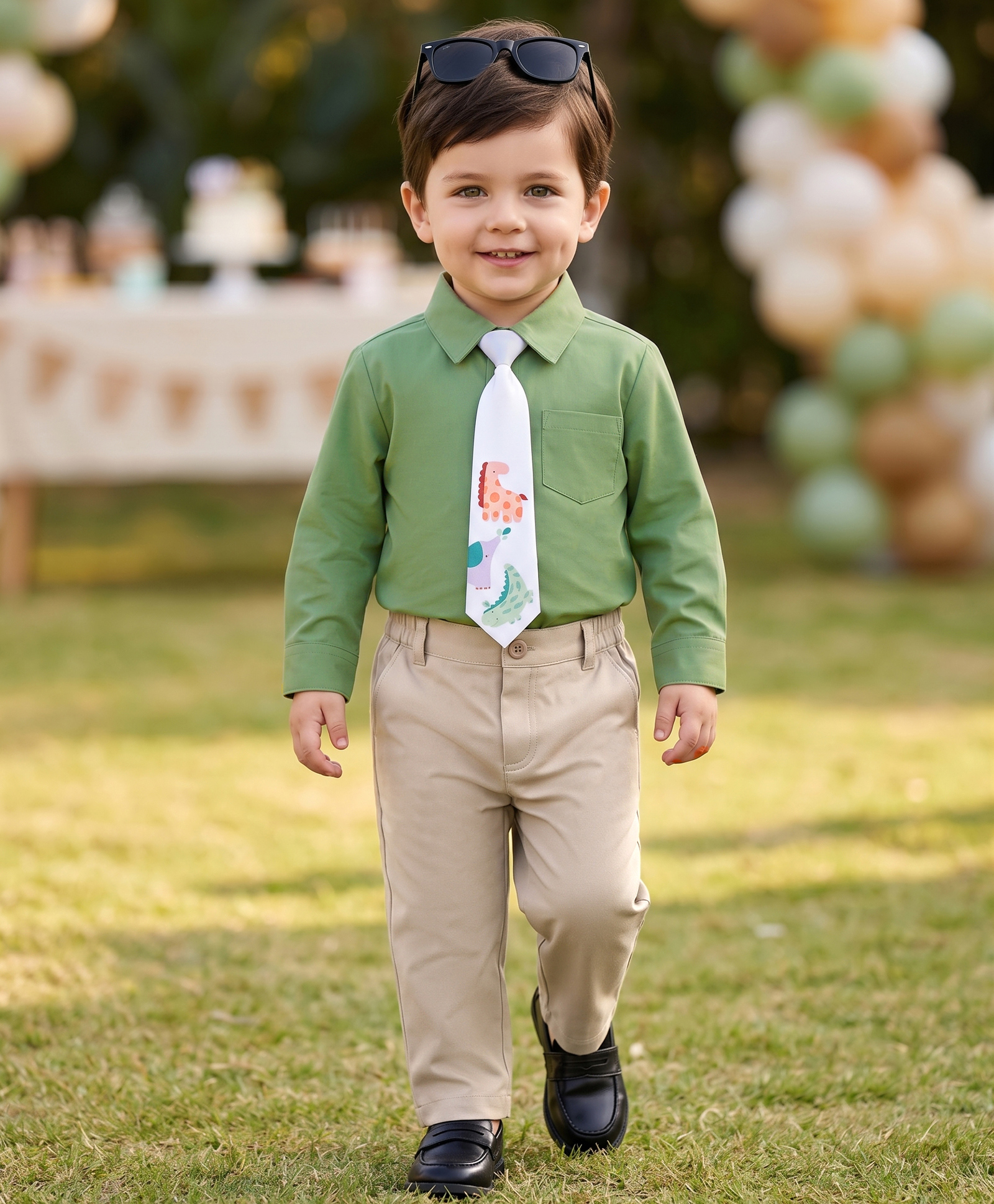 Babyoye Interlock Knit Full Sleeves Solid Colour Shirt & Trouser Set with Animals Printed Tie - Green & Beige-image-22
