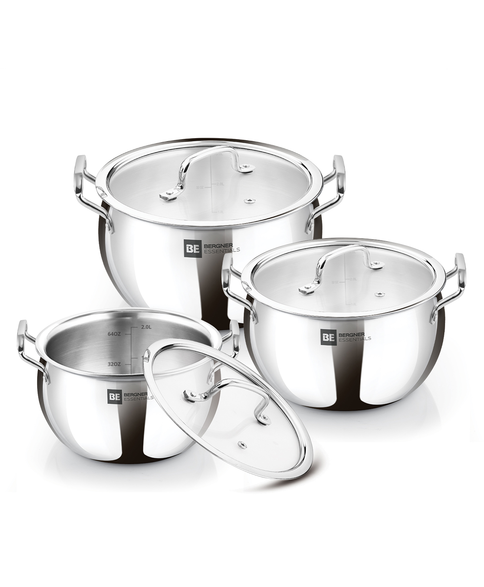 Bergner BE Bergner Essentials TriPly Stainless Steel 3 Pcs Rice Handi Set of Sizes 16cm/2Litre, 18cm/3.2 Litre, 20cm/4.2 Litre with 3 Glass Lids, Heat Distribution, Induction Bottom, 5-Year Warranty-image-40