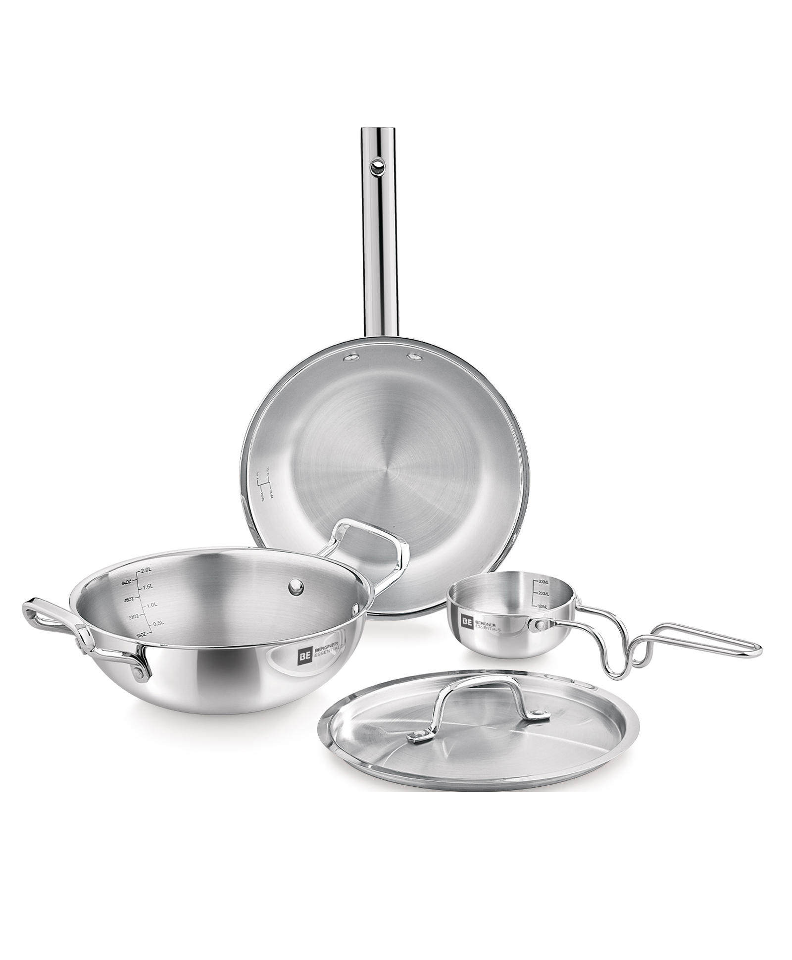 Bergner BE Bergner Essentials TriPly 4 Pcs Cookware Set, Kadai 22cm/2 L, Fry Pan 22cm/1.1 L, Tadka Pan 10cm, 1 Stainless Steel Lid Suitable for Kadai & frypan, Cool Touch Comfort Grip Handle, Silver-picture-12