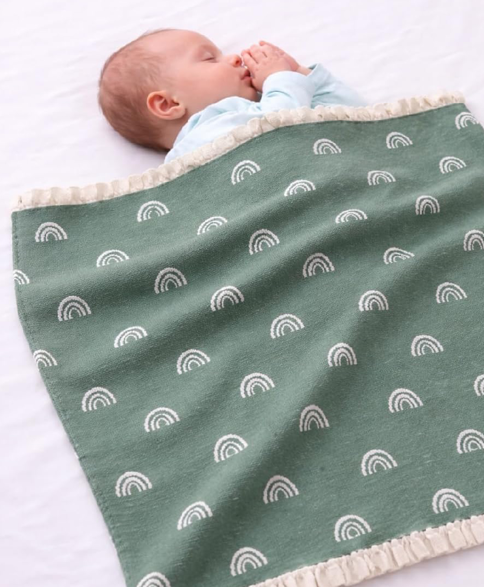 Infantso Multi-Purpose Baby Wrap/Blanket | Skin Friendly Cotton Knitted Baby Blanket for Newborn -SageGreenRainbow-image-17