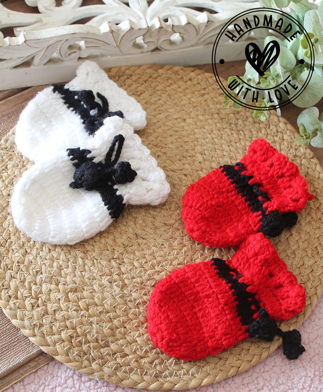 Woonie Knit Pack of 2 Pom Pom Embellished Mittens - White & Red-picture-20