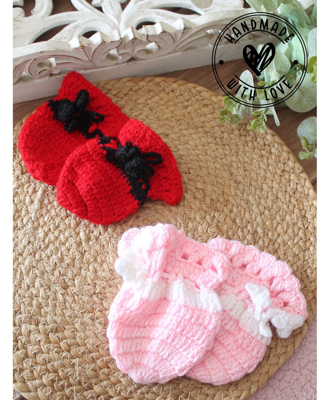 Woonie Knit Pack of 2 Self Design Mittens - Red & Pink-picture-10