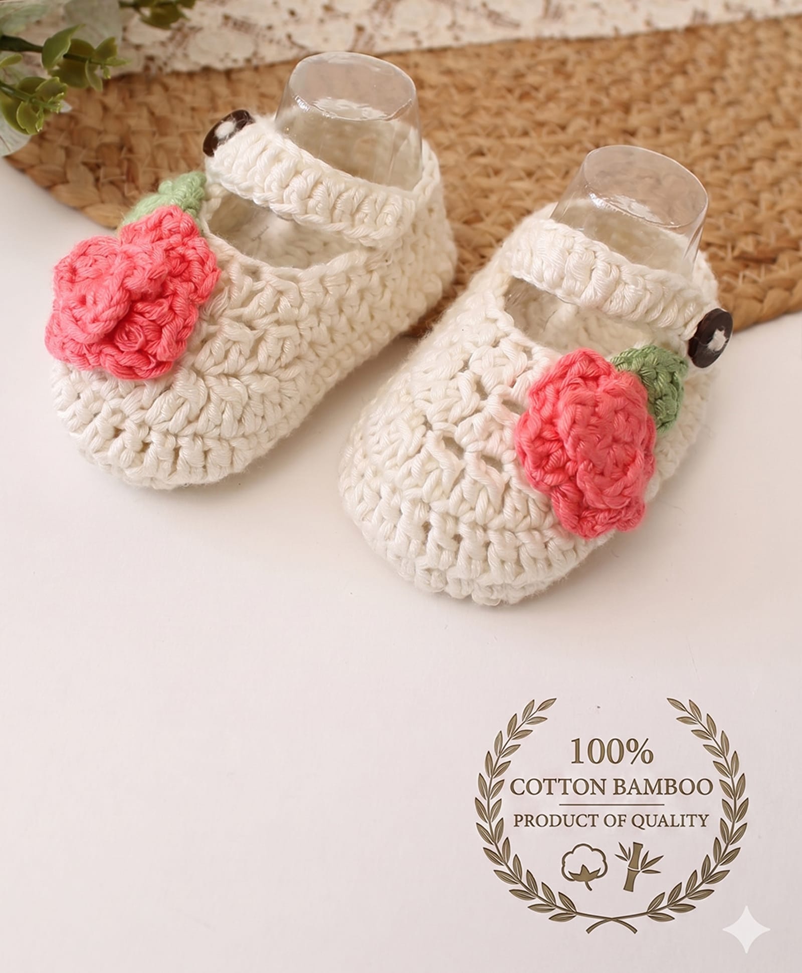 Woonie Floral Designed Crochet Booties - Cream-image-7
