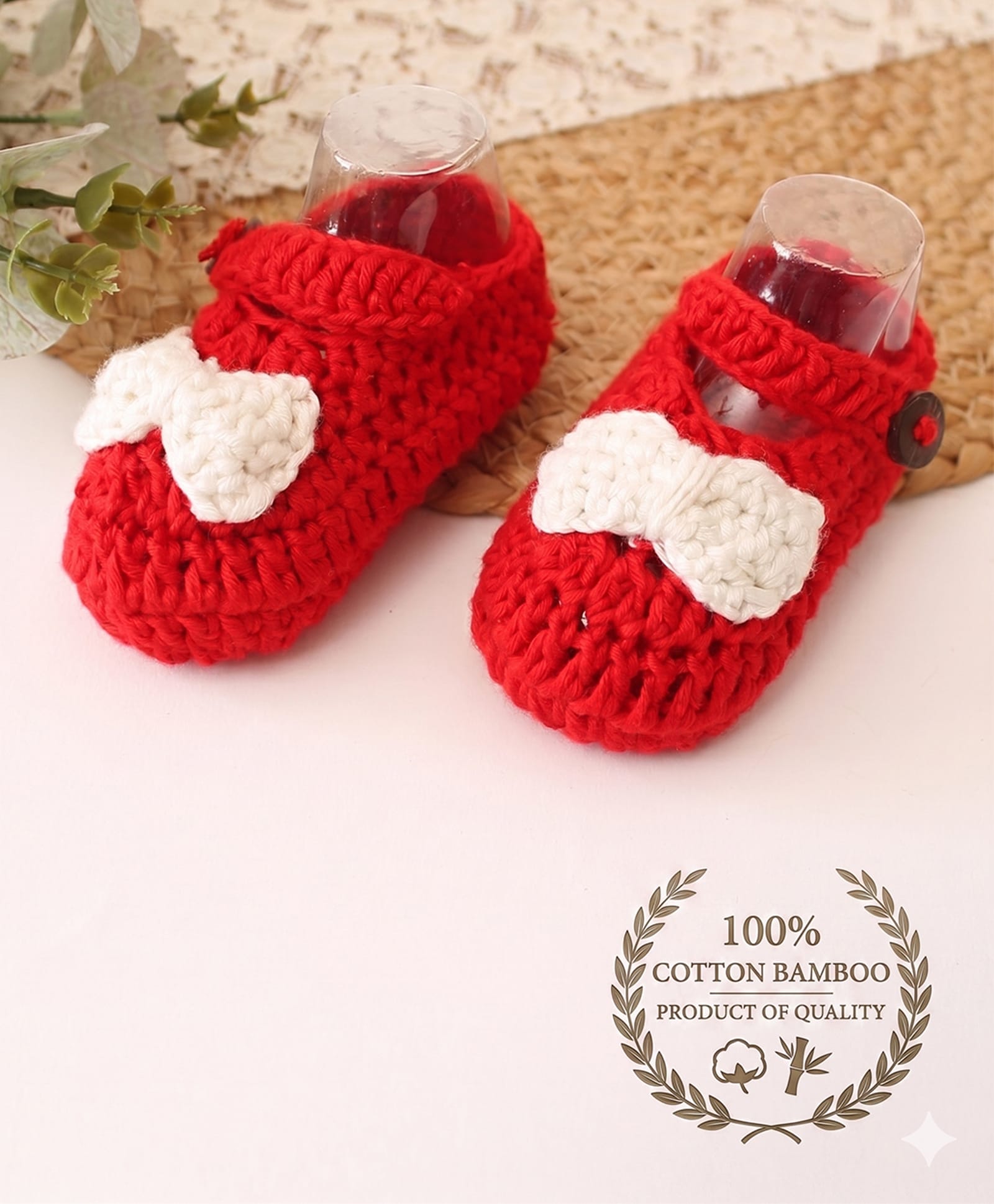 Woonie Bow Designed Crochet Booties - Red-image-49