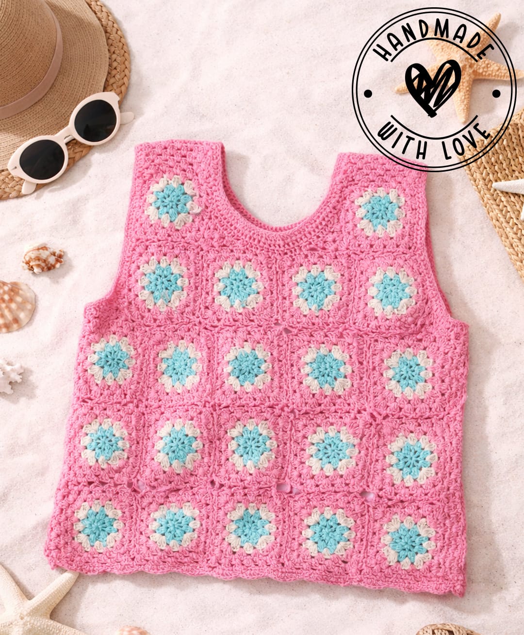 Woonie Cotton Knit Sleeveless Granny Square Design Handmade Crochet Crop Top - Pink-picture-16