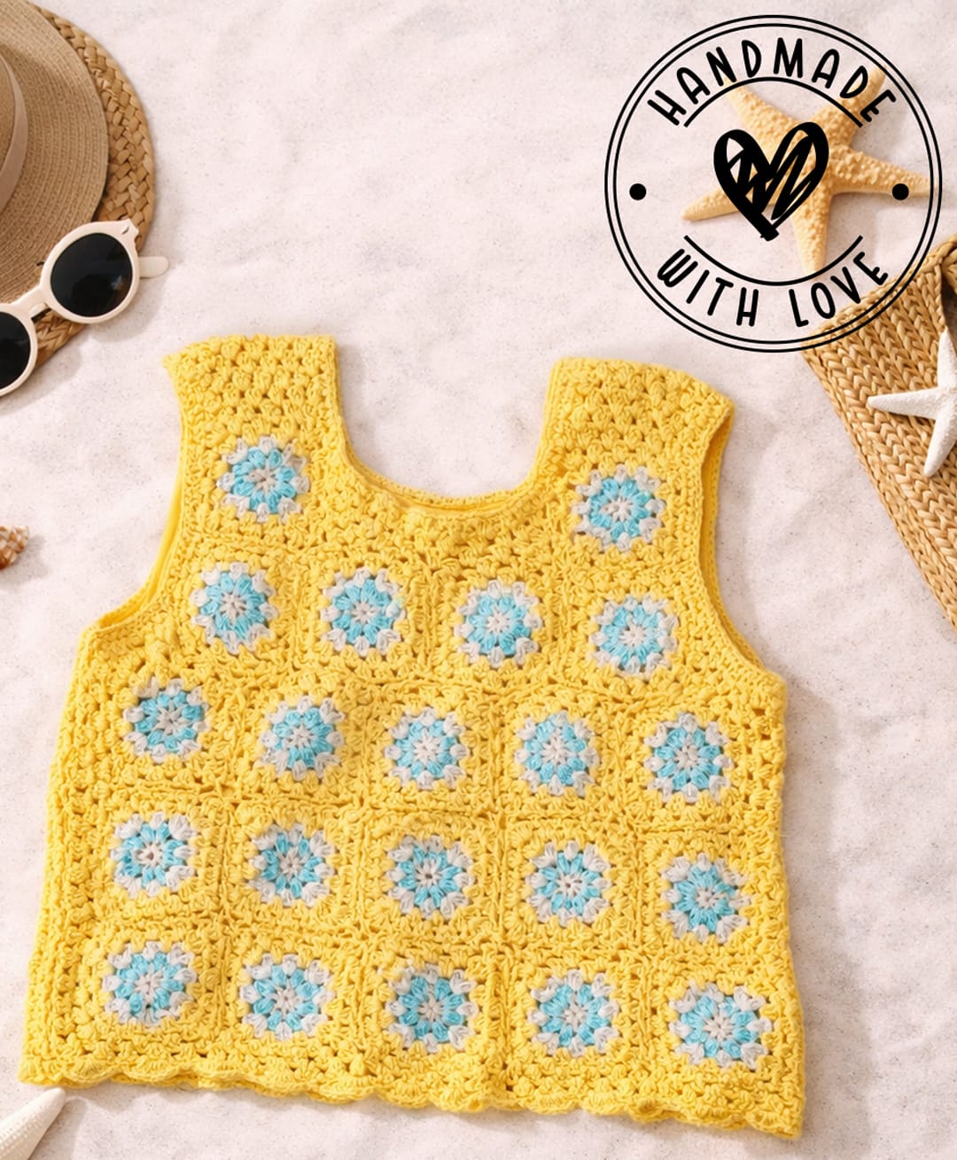 Woonie Cotton Knit Sleeveless Granny Square Design Handmade Crochet Crop Top - Yellow-image-40