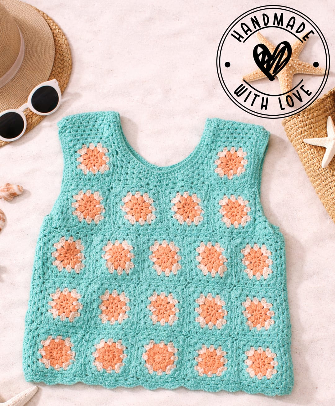 Woonie Cotton Knit Sleeveless Granny Square Design Handmade Crochet Crop Top - Sea Green-image-11