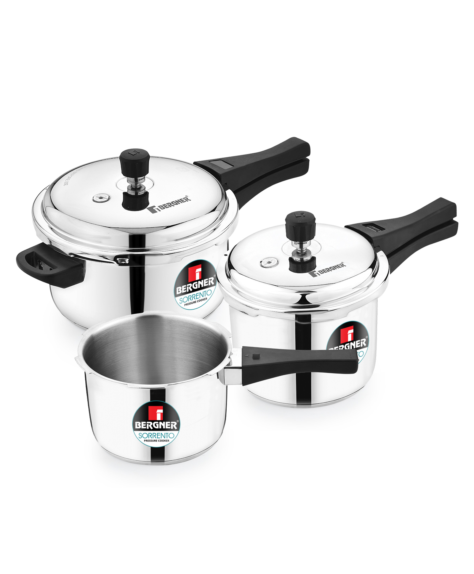Bergner Sorrento Stainless Steel Outer Lid Pressure Cooker Set - 5 L Cooker + 2 L and 3 L Cooker with Common Lid - Induction Bottom- Silver-image-3