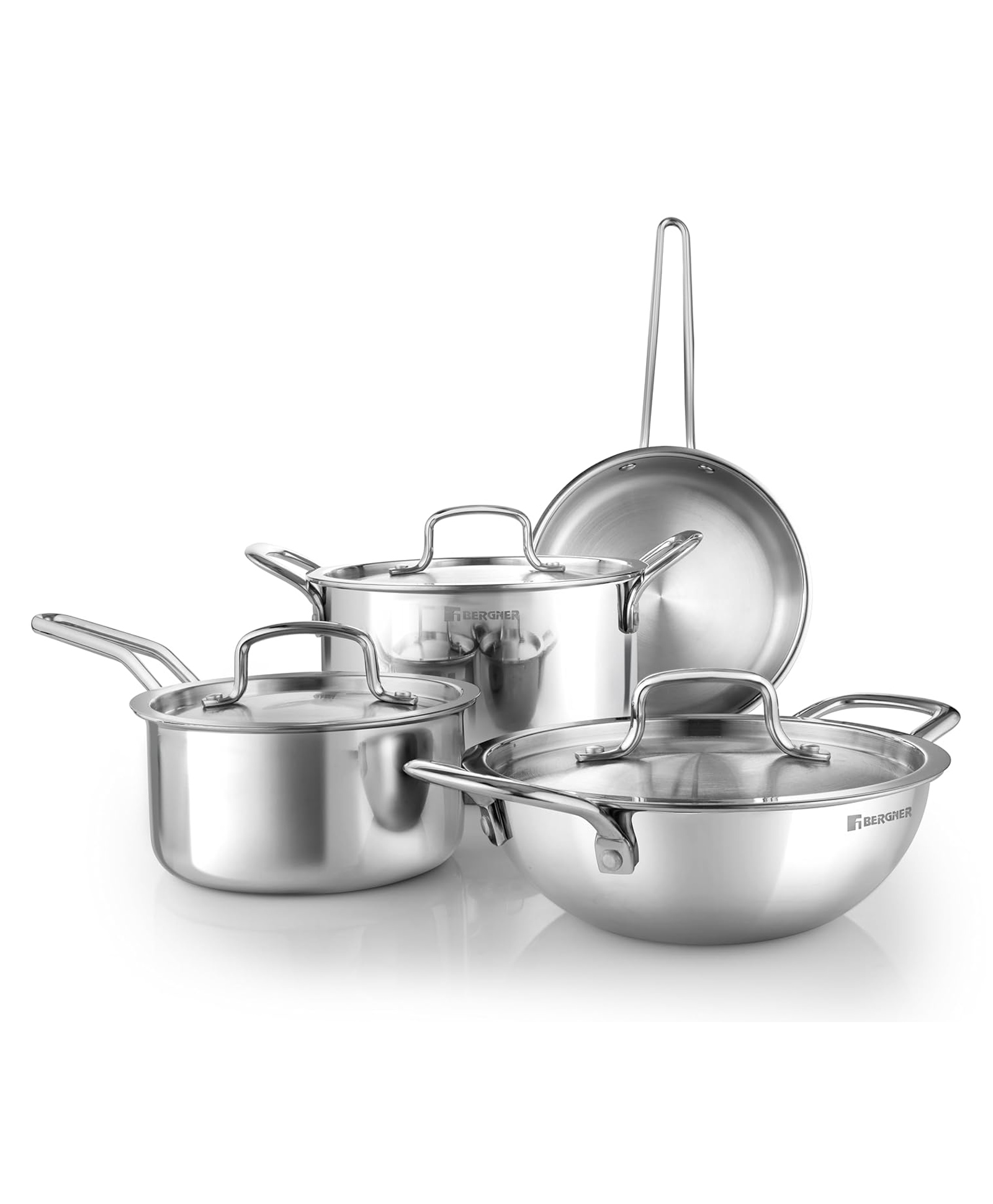 Bergner Tripro Triply Stainless Steel 7 Pc Cookware Set, 20 cm Kadai with Lid, 20 cm Deep Frypan, 16 cm Tea Pan, 20 cm Casserole - Silver-image-0