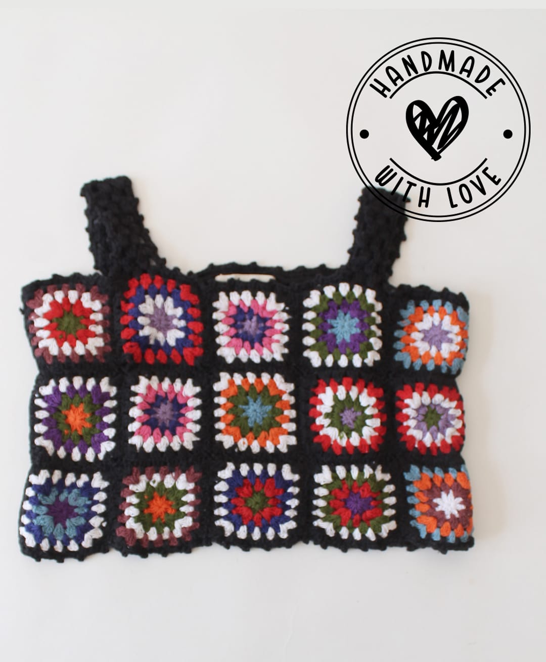 Woonie Cotton Knit Sleeveless Granny Square Design Crop Top - Black-image-27