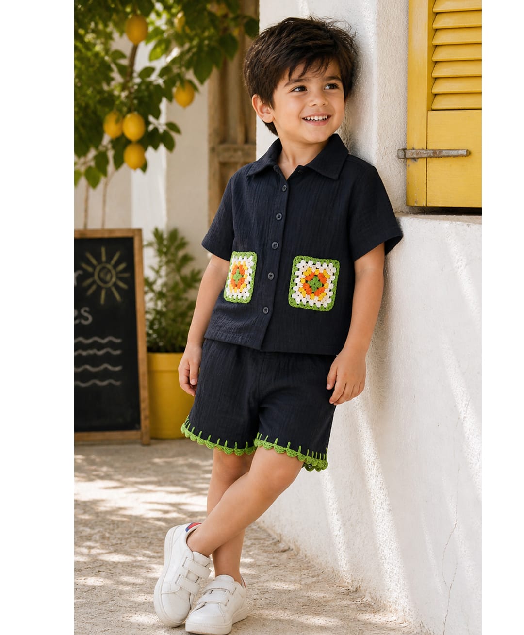 Woonie Cotton Woven Half Sleeves Geometric Embroidered Shirt & Shorts Set - Black-image-24
