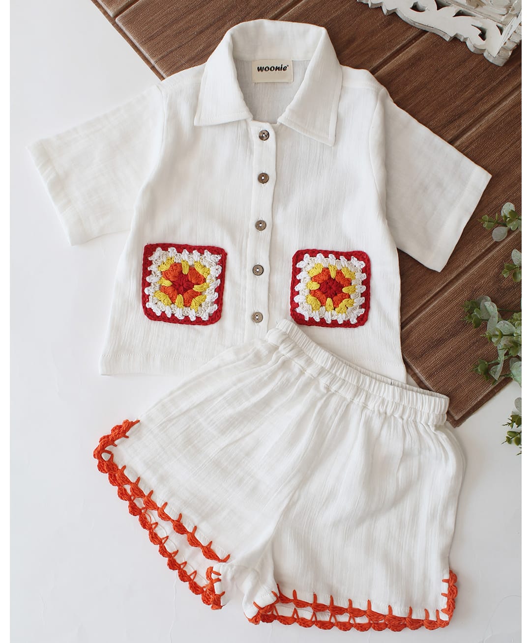 Woonie Cotton Woven Half Sleeves Geometric Embroidered Shirt & Shorts Set - White-image-15