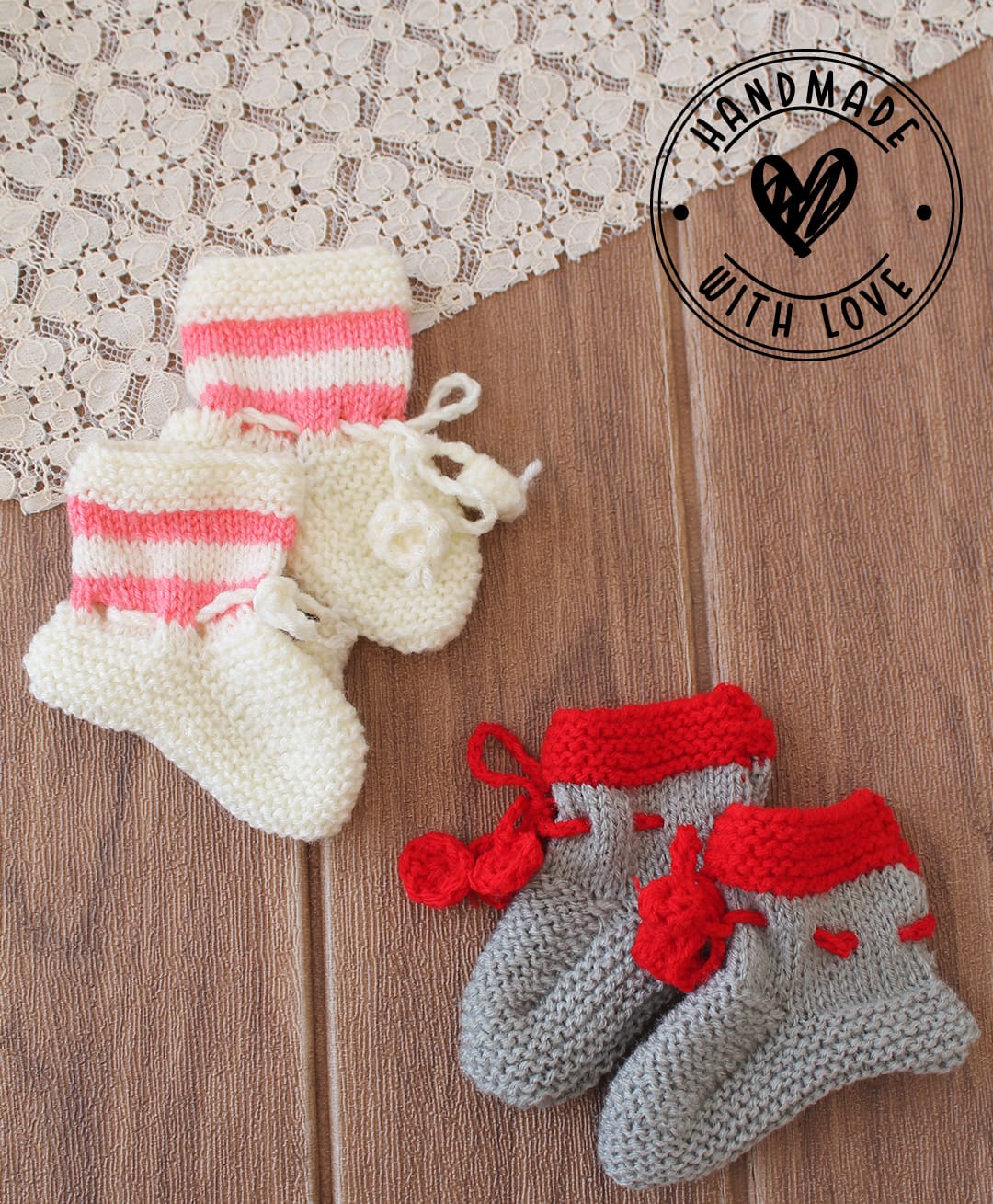 Woonie Hand Knitted Pack of 2 Self Designed Socks - Cream & Grey-picture-16