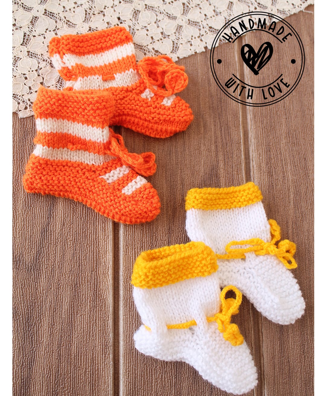 Woonie Hand Knitted Pack of 2 Self Design Socks - Orange & White-picture-14
