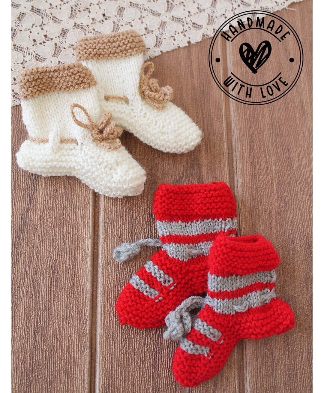 Woonie Hand Knitted Pack of 2 Self Design Socks - Cream & Red-picture-15
