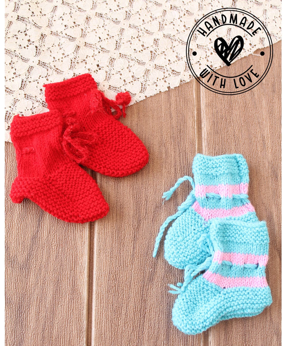 Woonie Hand Knitted Pack of 2 Self Design Socks - Red & Light Blue-picture-12