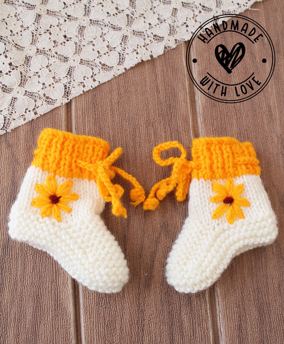 Woonie Hand Knitted Pack of 2 Floral Embroidered Socks - Cream-picture-31