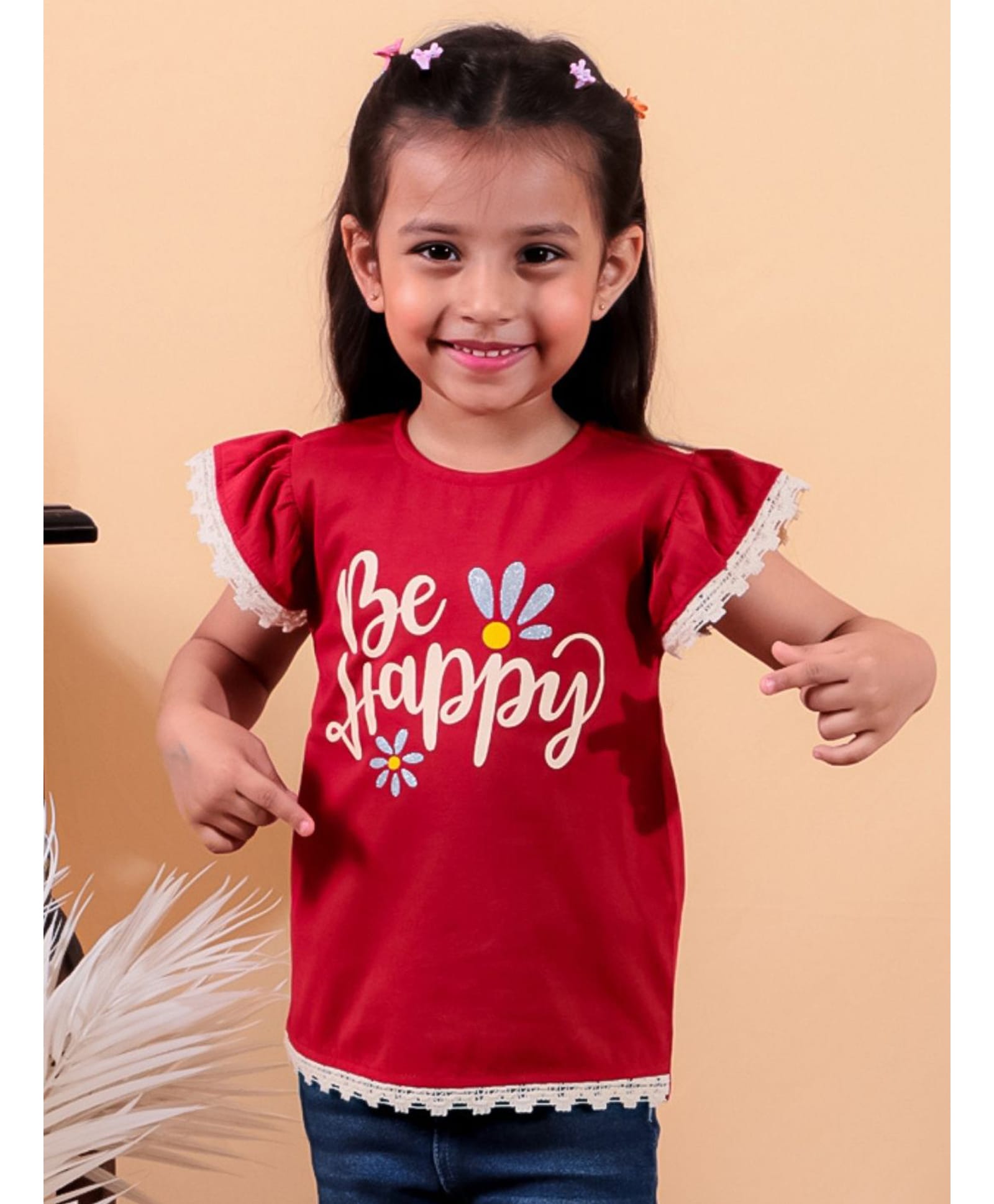 Junitos Cotton Woven Cap Sleeves Be Happy Text Printed Top - Red-image-11