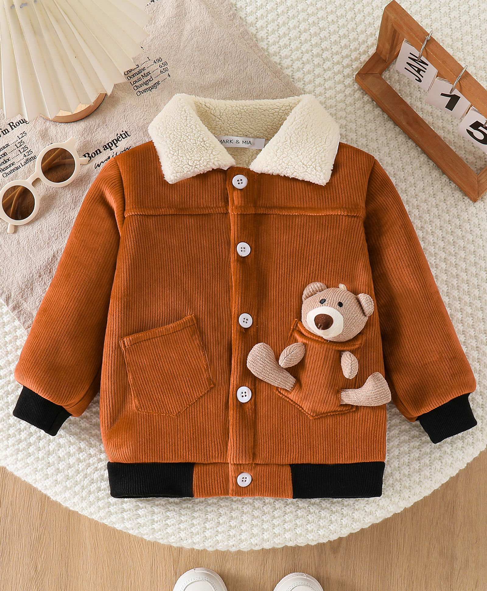 Mark & Mia Corduroy Full Sleeves Jackets with Teddy Bear Applique -Brown-picture-24